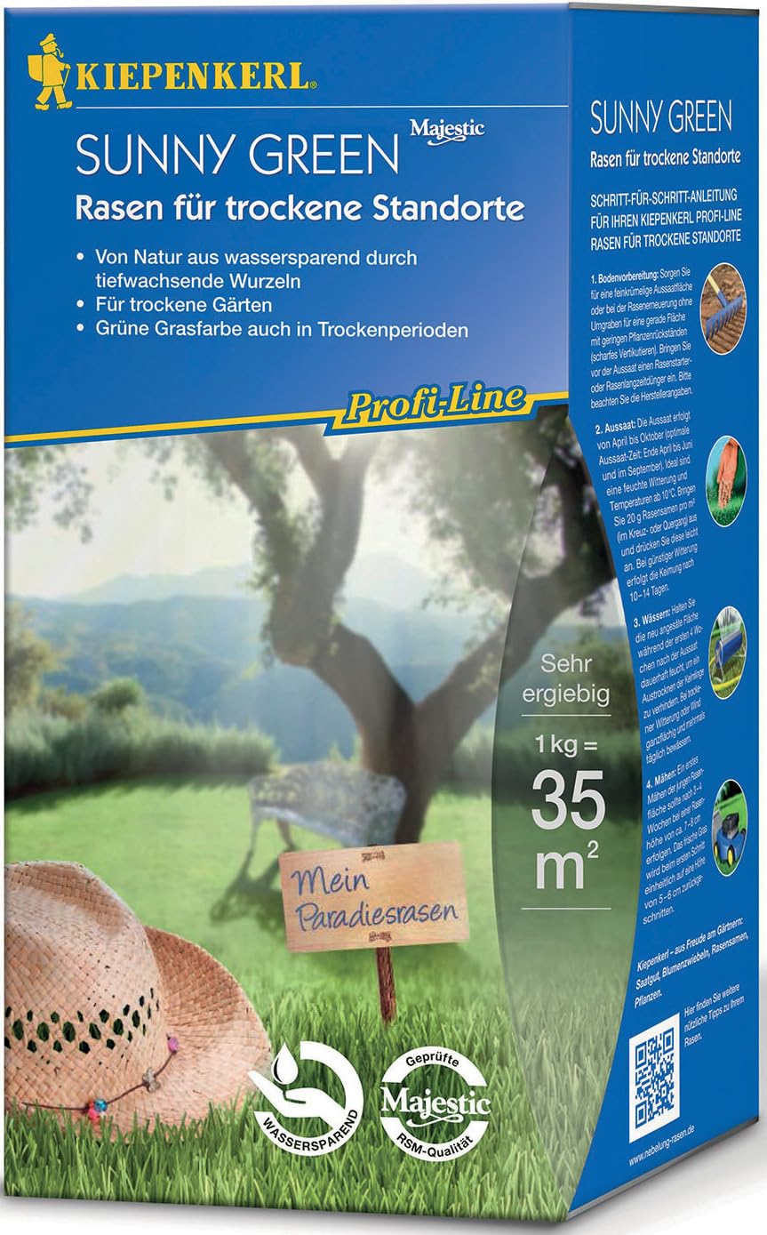 Kiepenkerl Profi-Line Sunny Green Rasen für trockene Standorte 666108, 1 kg für 35 m² – Wassersparend - Für trockene Gärten - Grüne Grasfarbe auch in Trockenperioden - Rasensamen, Saatgut