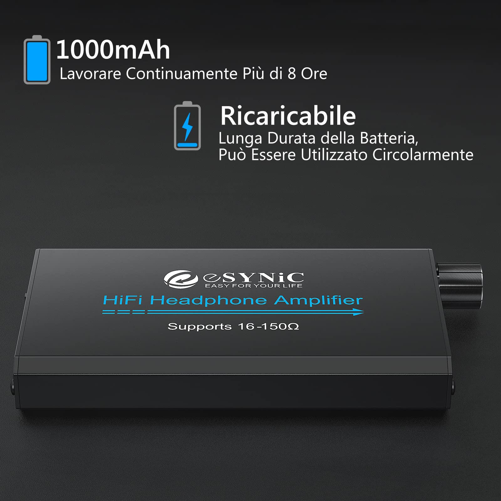 ESYNiC HiFi Amplificatore per Cuffie Portatile per Auricolari in Lega per MP3 Lettori Smartphone Laptop con USB Cavo 1.2M