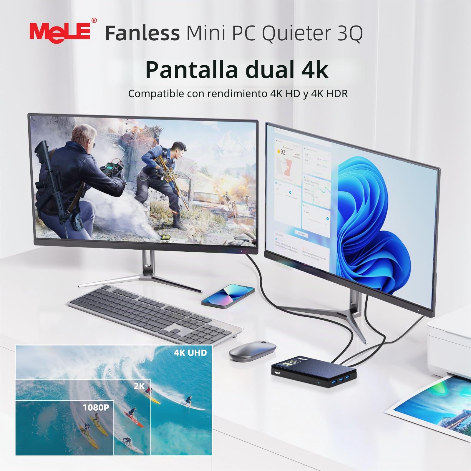 MeLE Quieter3Q WiFi 6 Fanless Mini PC Winodows 11 Pro N5105 8GB 256GB Portable Computer Desktop 4K HDMI HDR Industrial PC Support Win10 NVMe M.2 SSD 2.4G 5.0G WiFi Gigabit Ethernet PXE VESA Mount