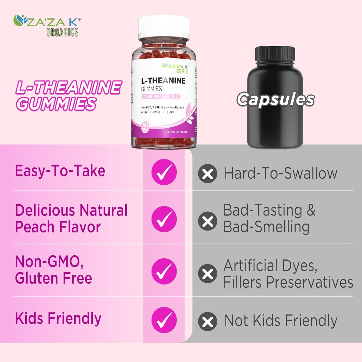 ZA'ZA K ORGANICS L-Theanine 200mg Gummy, L Theanine Supplement Gummies with GABA, 5-HTP & Magnesium Glycinate for Adults and Kids, Stress & Focus Support, Vegan Peach Flavor, 60 Chewable - Image 5