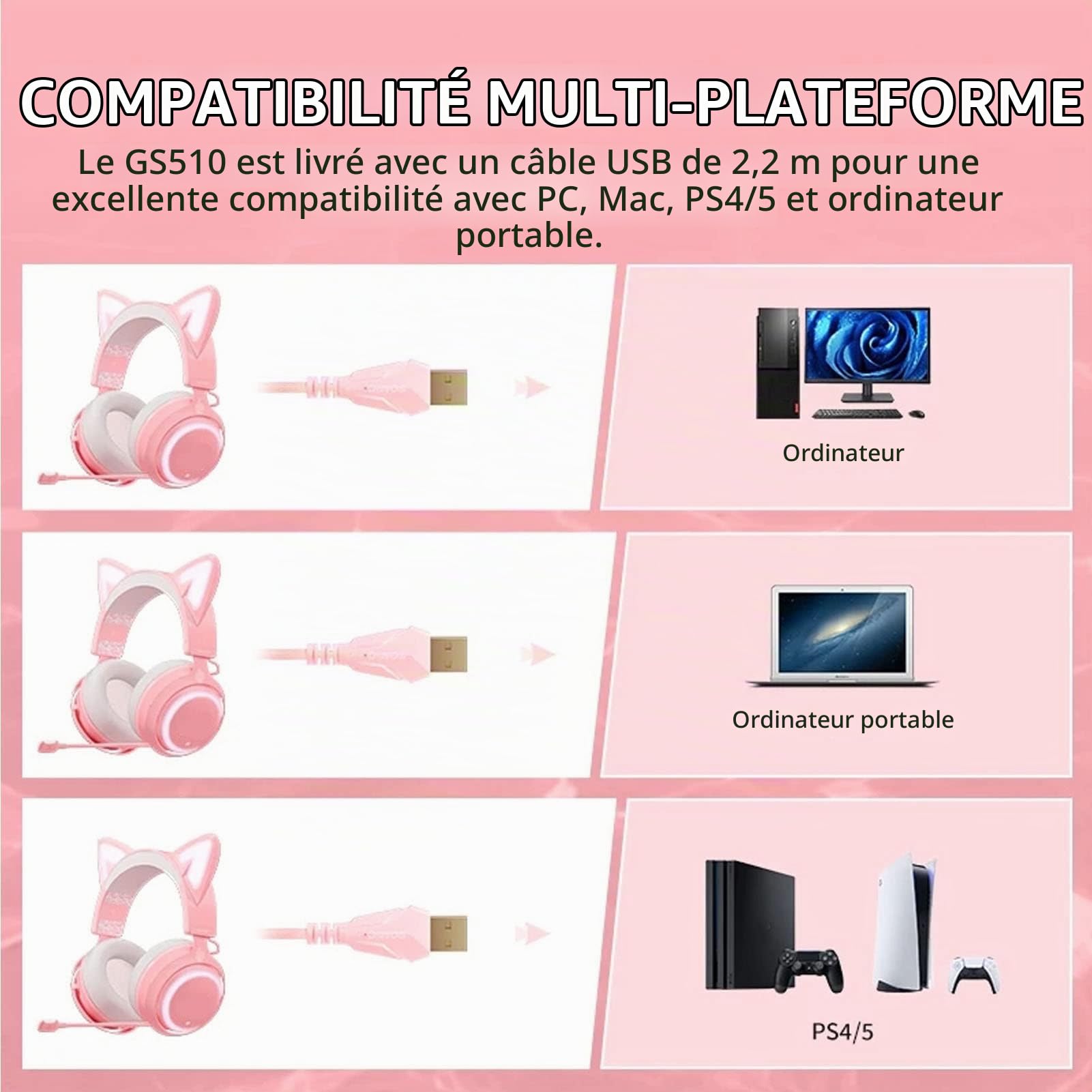 ASHATA Casque de Jeu Rose, Casque de Jeu Filaire USB Rose avec Oreille de Chat pour PC/MAC avec Suppression du Bruit Surround 7.1, Oreille de Chat et Micro Détachables,