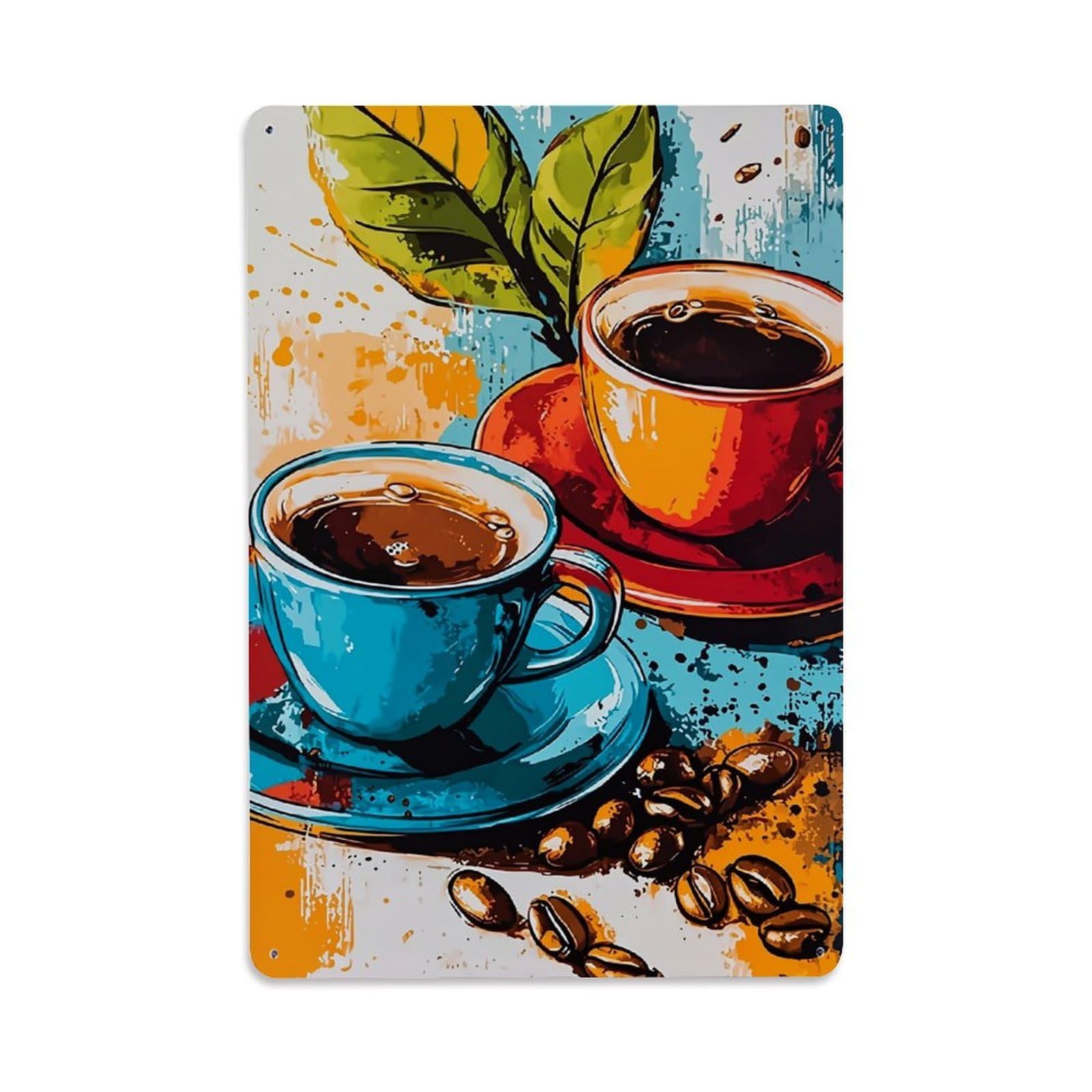 Coffee Cup Leaves Beans Art Retro Metal Tin Sign, Vintage Decor Art Poster for Bar, Home, Man Cave, Kitchen, Laundry Room Gift 8x12Inch