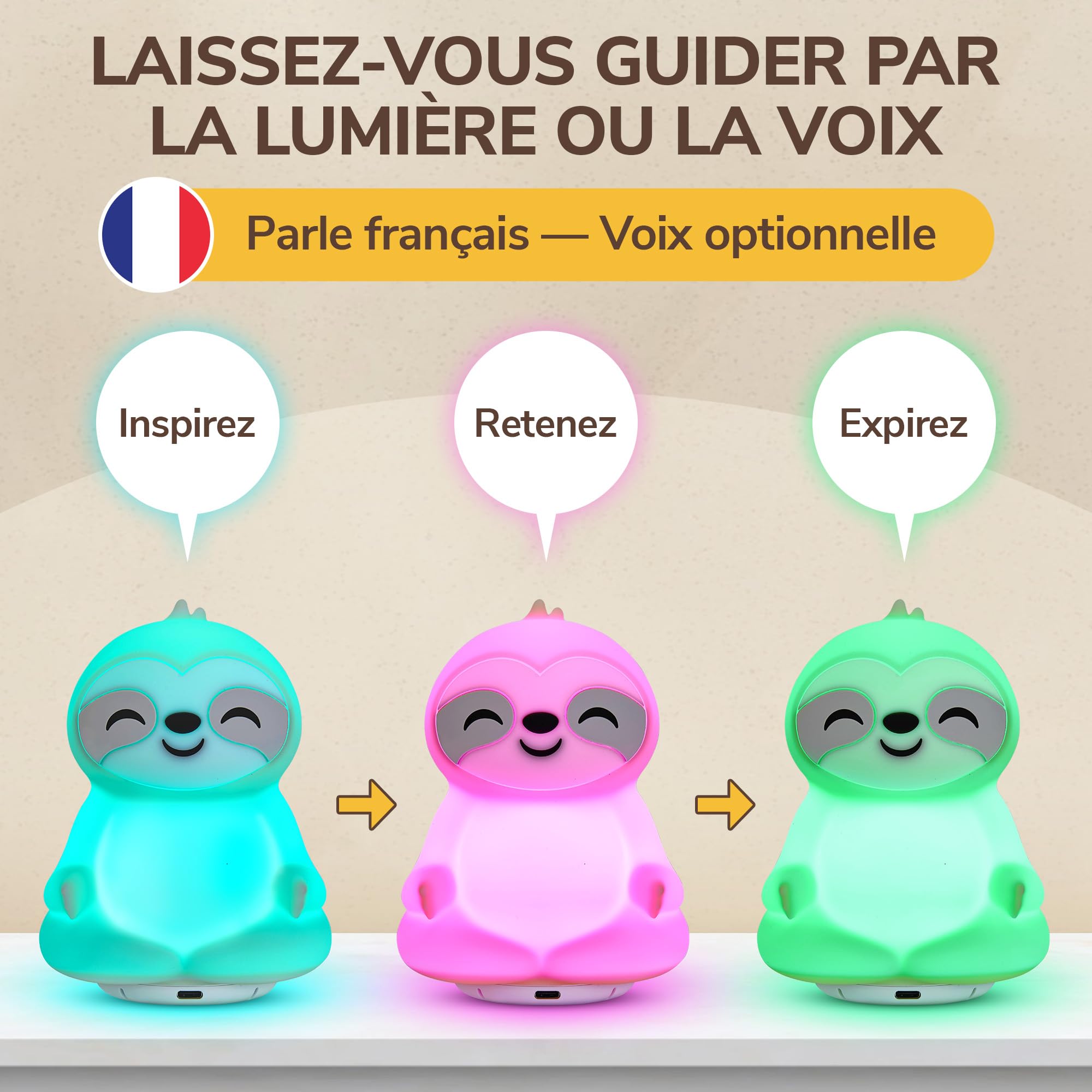 Coach de Respiration Avec Guidage Lumière et Voix – Favorise Sommeil, Relaxation, Concentration et Bien-Être – Respiration Consciente, Pleine Conscience – Instructions Audio Français – Rechargeable