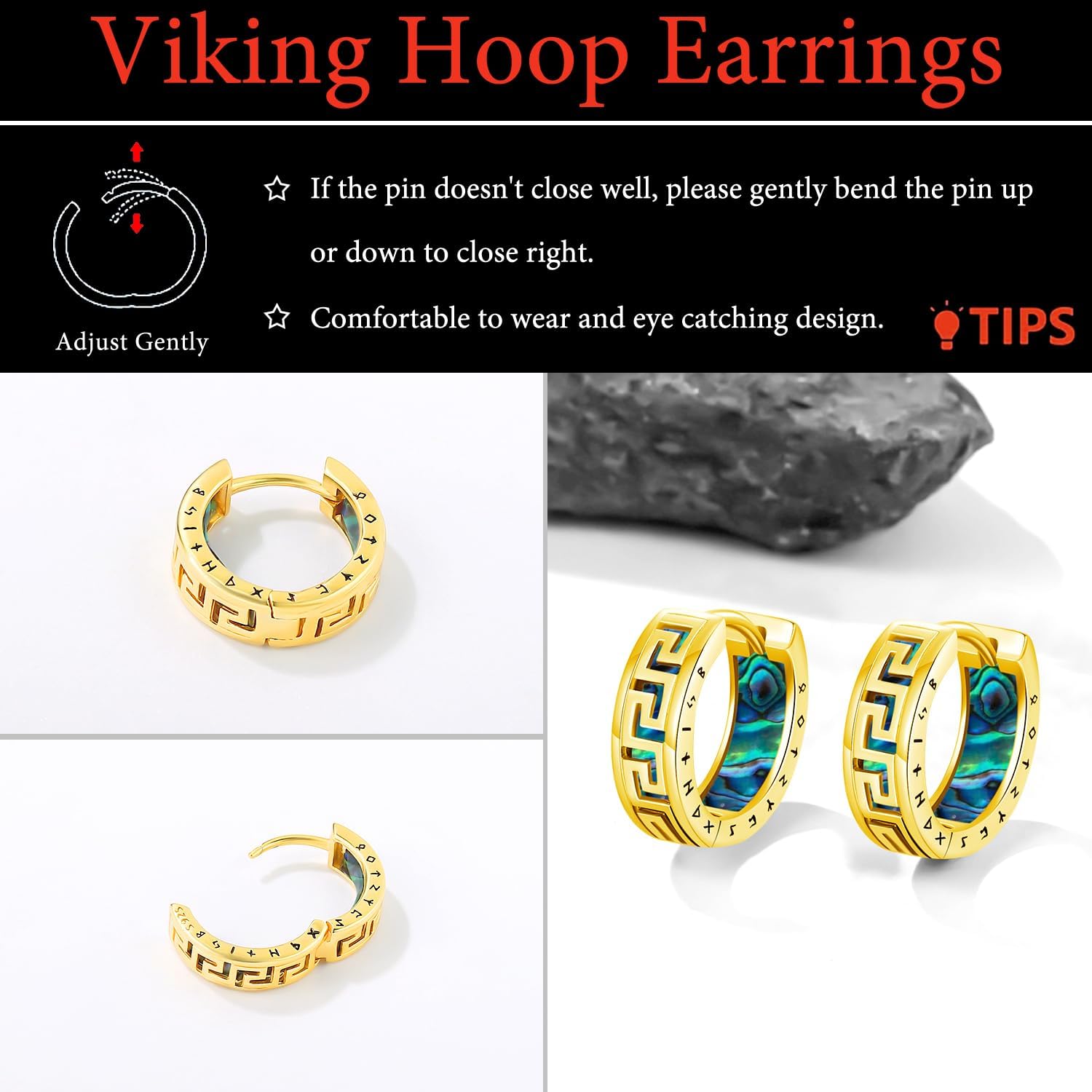 Men Earrings Viking Rune Hoop Celtic Earring for Women Punk 16mm 925 Sterling Silver Huggie Black Blue Hoop Earrings Norse Viking Jewelry Gifts Stainless Steel