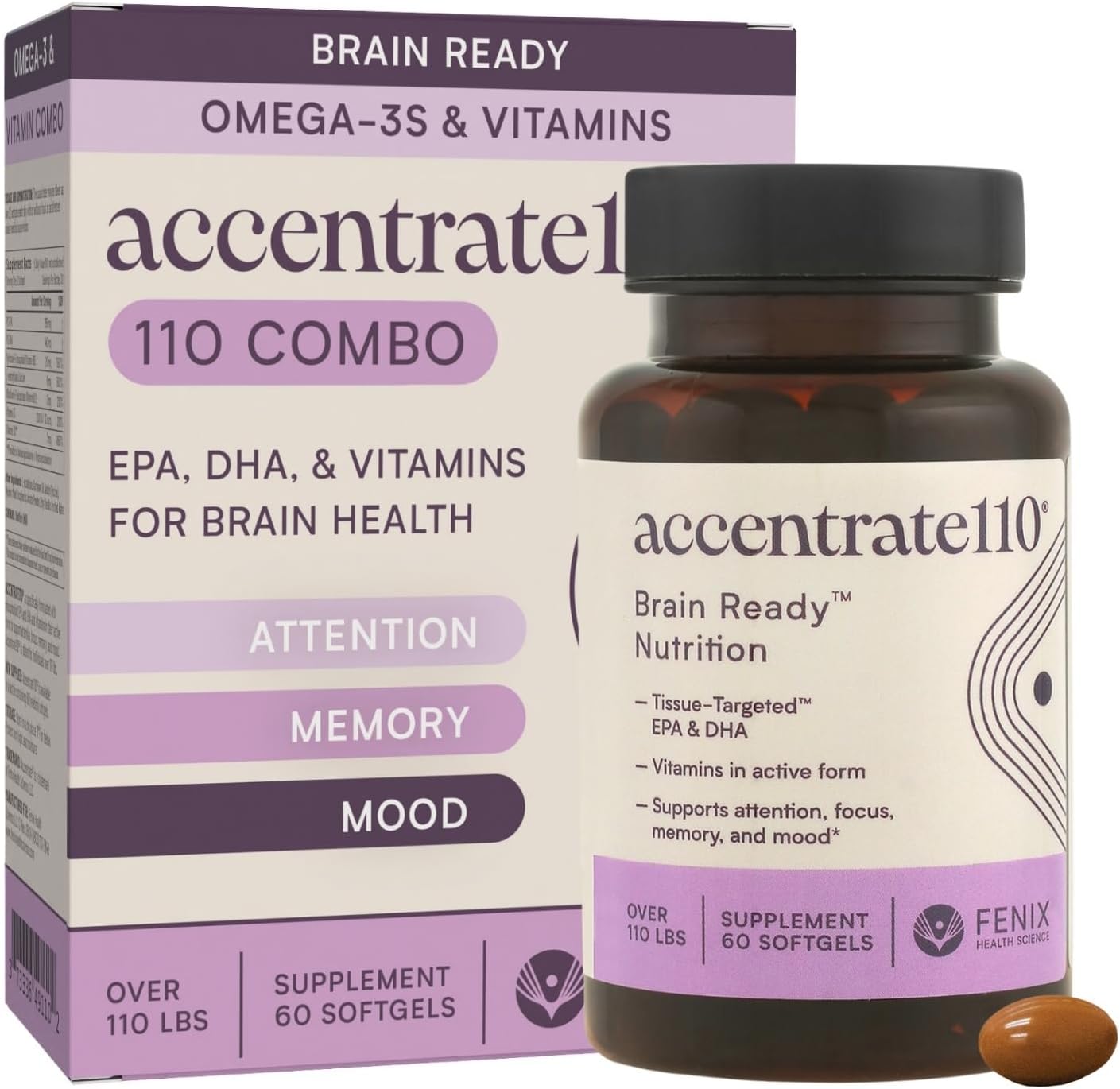 - Accentrate110 - Focus Supplement - Methylated Vitamin B Complex with Omega 3 Fatty Acid Supplement - L-Methylfolate, Vitamin B12, P-5-P, Riboflavin, VIT D, – 60 Softgels (1 Month Supply)