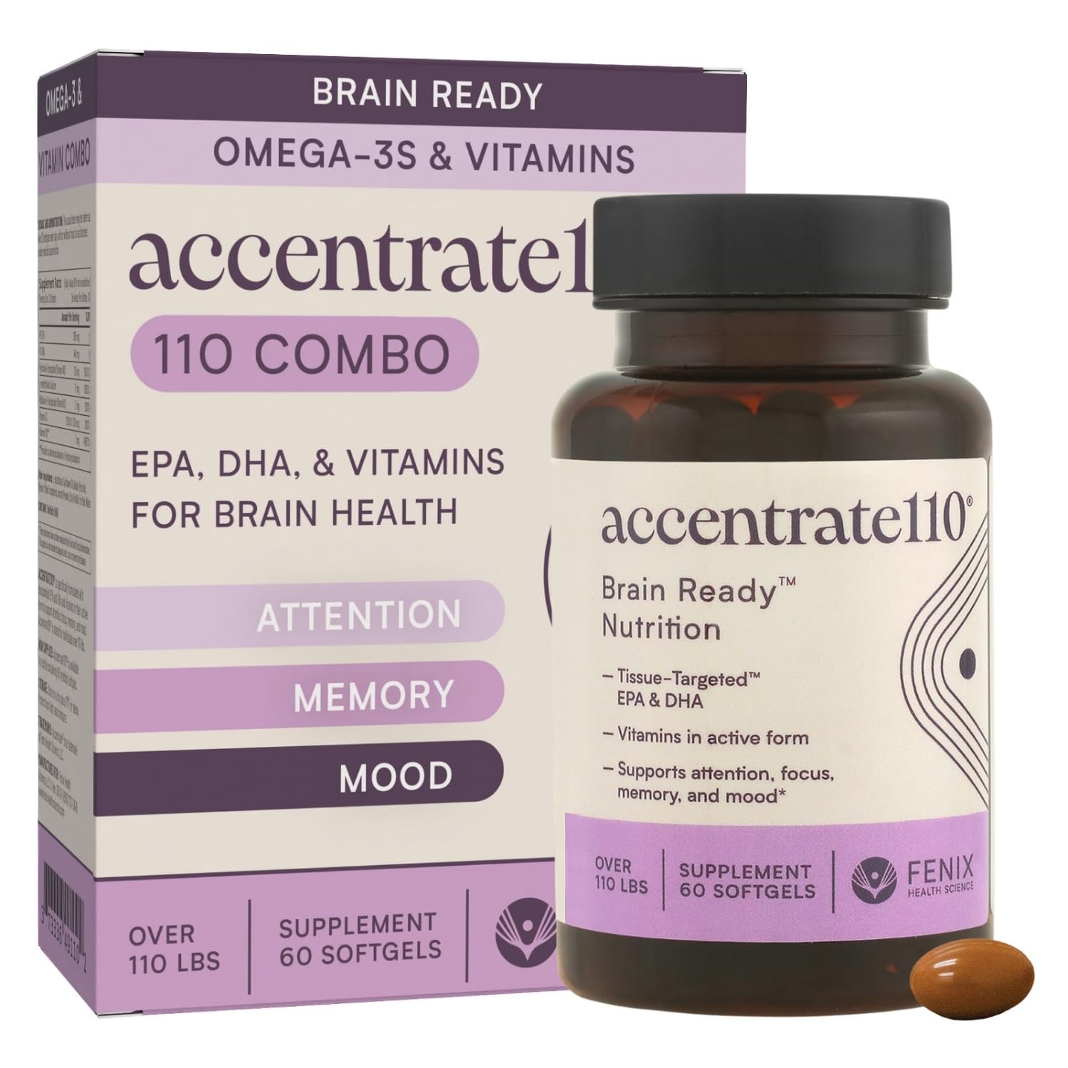 Accentrate110 - Focus Supplement - Methylated Vitamin B Complex with Omega 3 Fatty Acid Supplement - L-Methylfolate, Vitamin B12, P-5-P, Riboflavin, VIT D, – 60 Softgels (1 Month Supply)