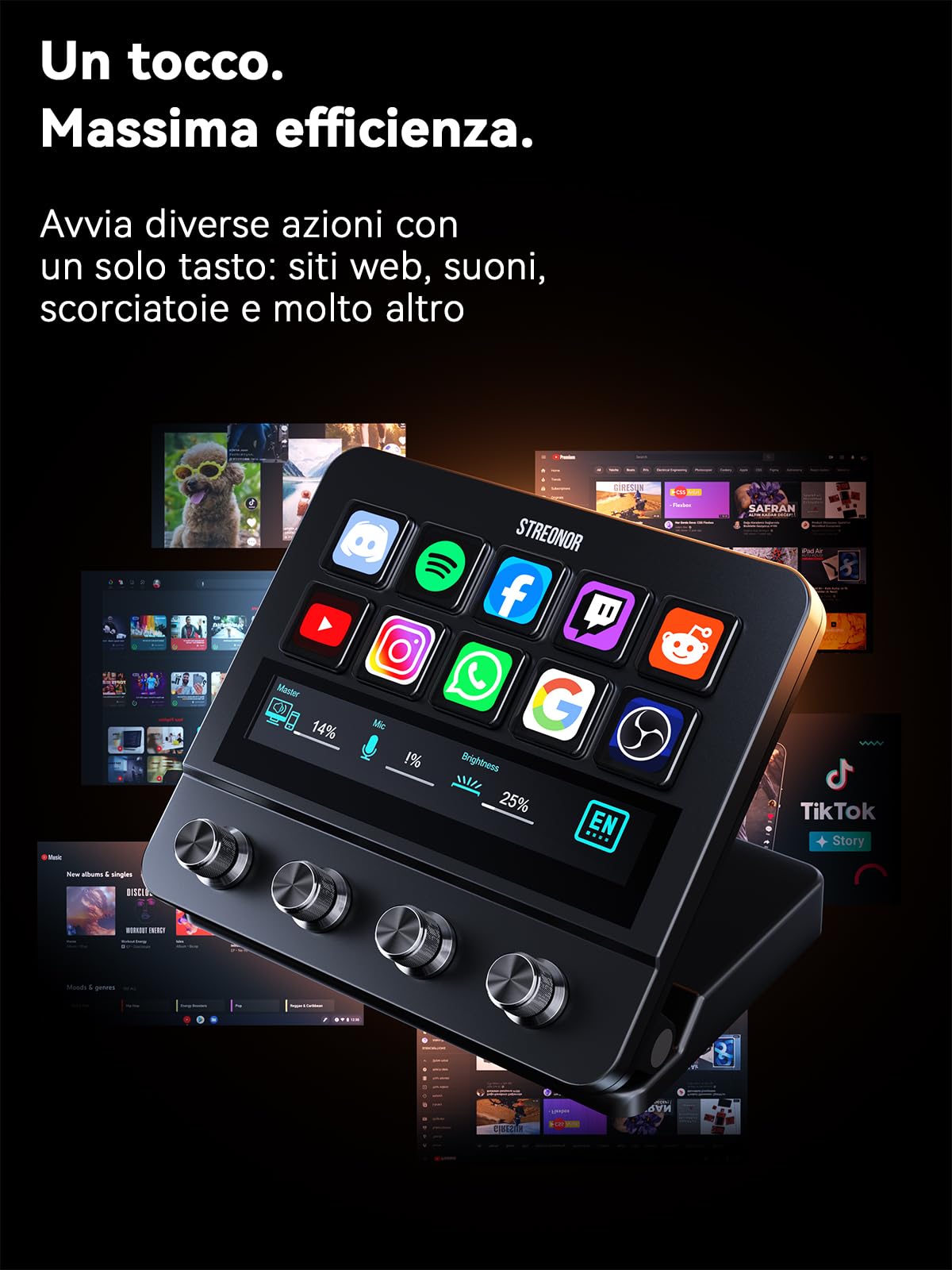 STREONOR Stream Control Deck Pro S10 con 10 tasti Touch Bar 4 manopole | Stream Controller per OBS, Twitch, Discord, ecc., ideale per streaming, editing video e gaming, compatibile Mac/Windows
