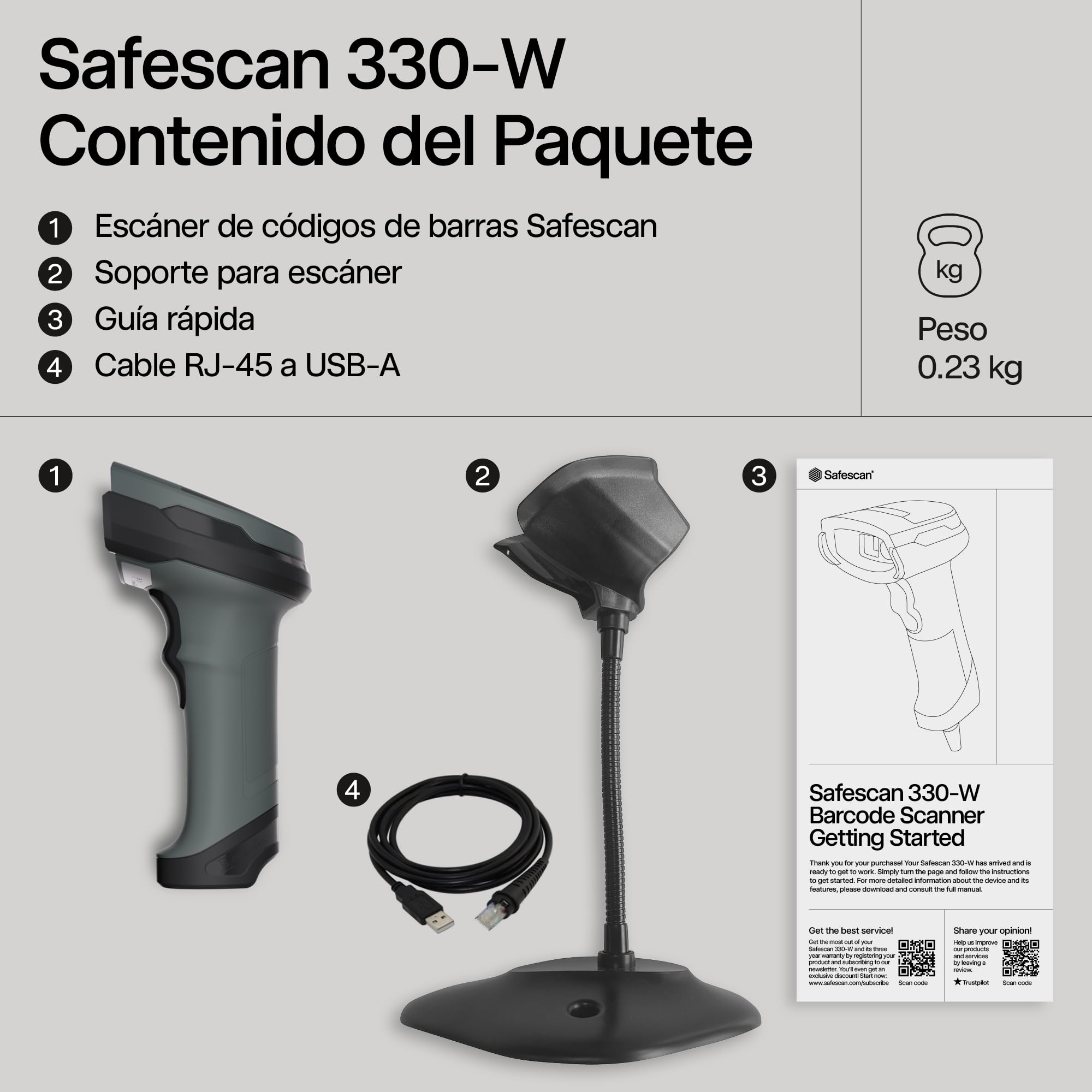 Safescan 330-W - Escáner de códigos de Barras Que escanea códigos 1D y 2D - Escáner para códigos dañados y de Color - con Cable USB - Escáner de códigos QR - Plug & Play - Incluye Soporte