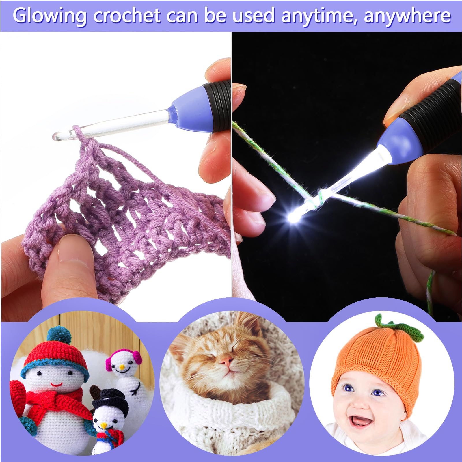 Chuangdi Juego de 9 agujas de ganchillo iluminadas con funda, luz LED, agujas de tejer para manualidades, agujas de tejer de hilo cómodo, mango suave para tejer, 2,5 mm-6,5 mm (morado)