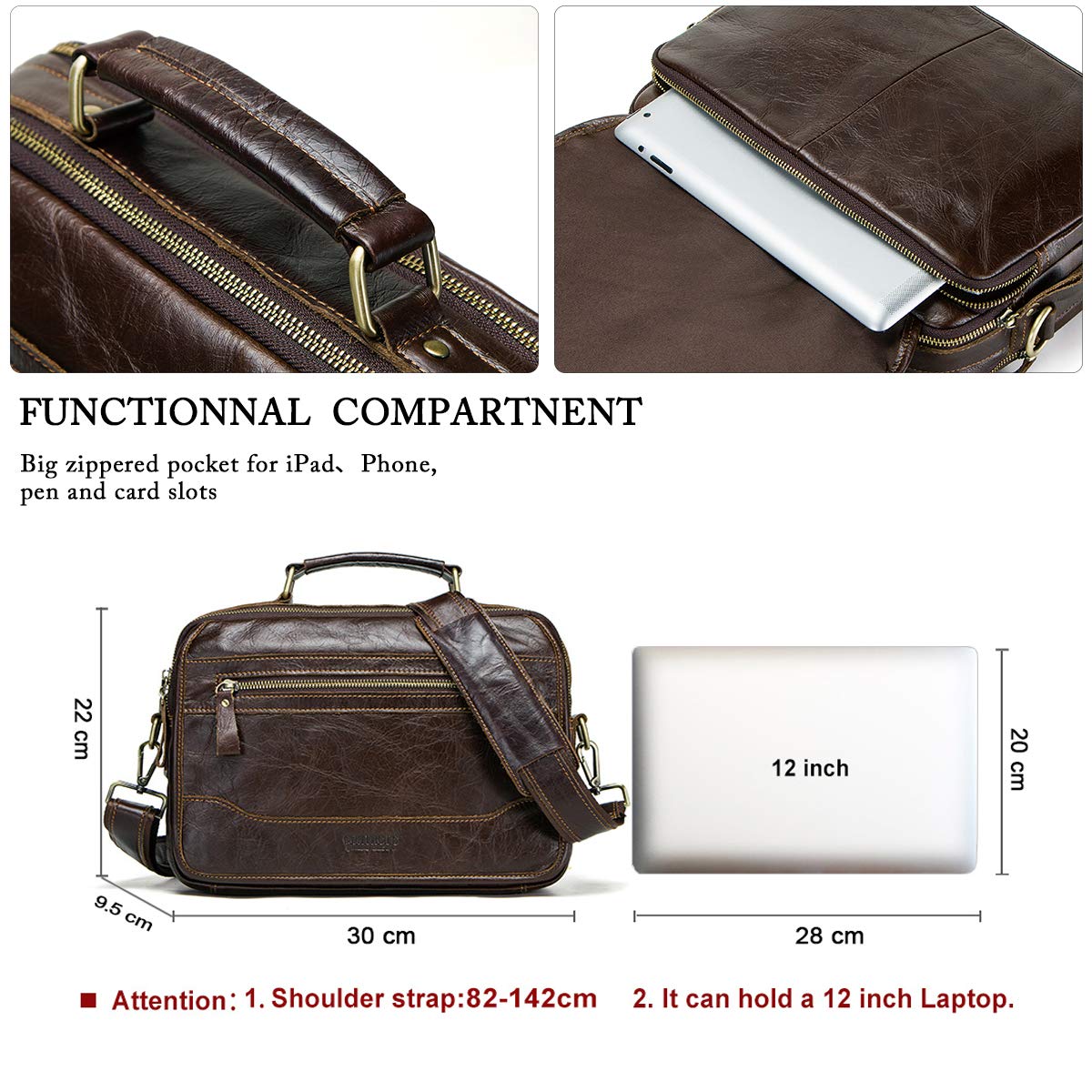 CONTACTS Bolso Bandolera de Piel Auténtica para Hombre, para Laptop de 12 Pulgadas, Café,vintage mensajería para hombres y mujeres, viajes,