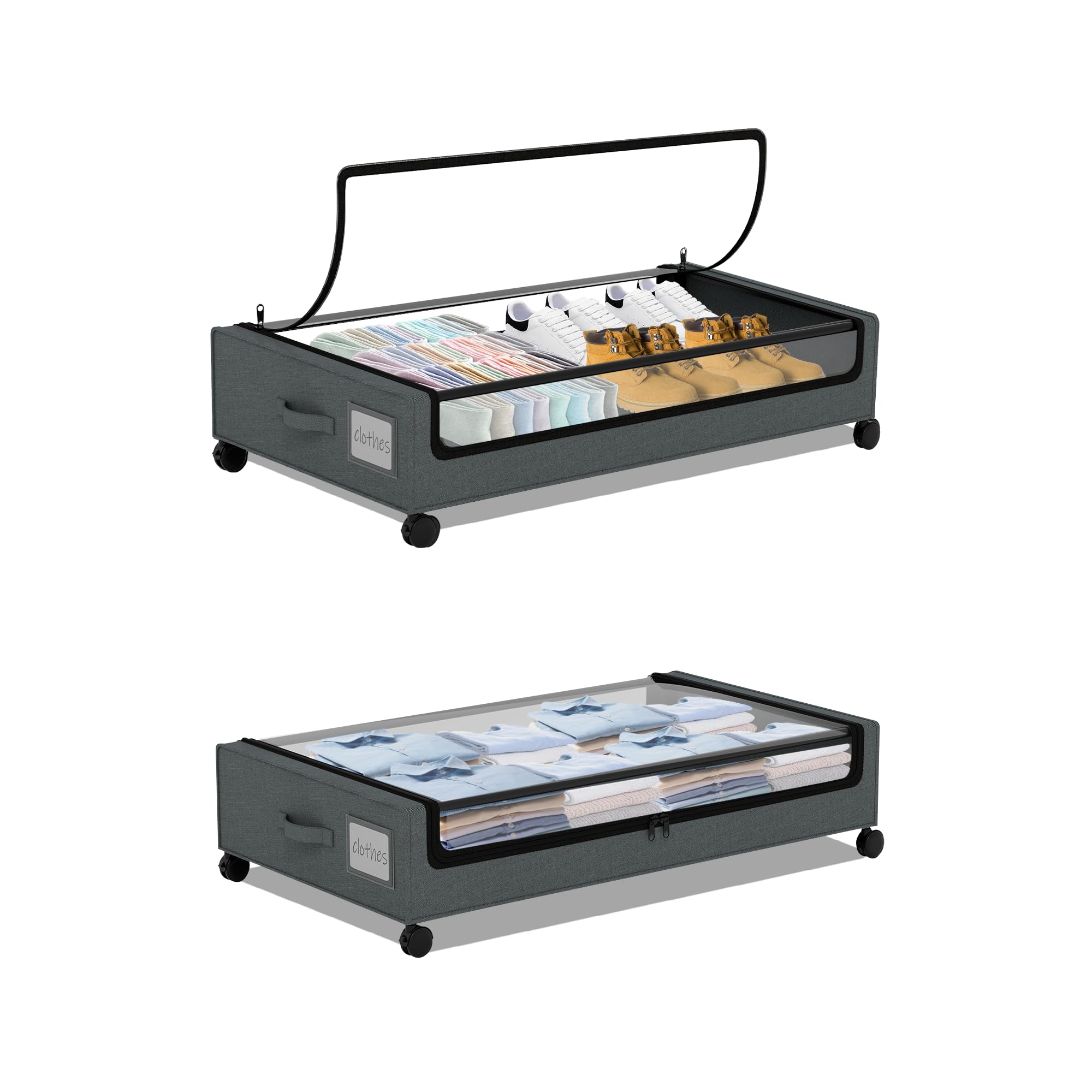 Under Bed Storage with Wheels 2 Pack: XXL 60L Under Bed Storage Containers with Lids, Large Under the Bed Storage with Wheels, Storage Drawers for Clothes, Books, Shoes, Grey