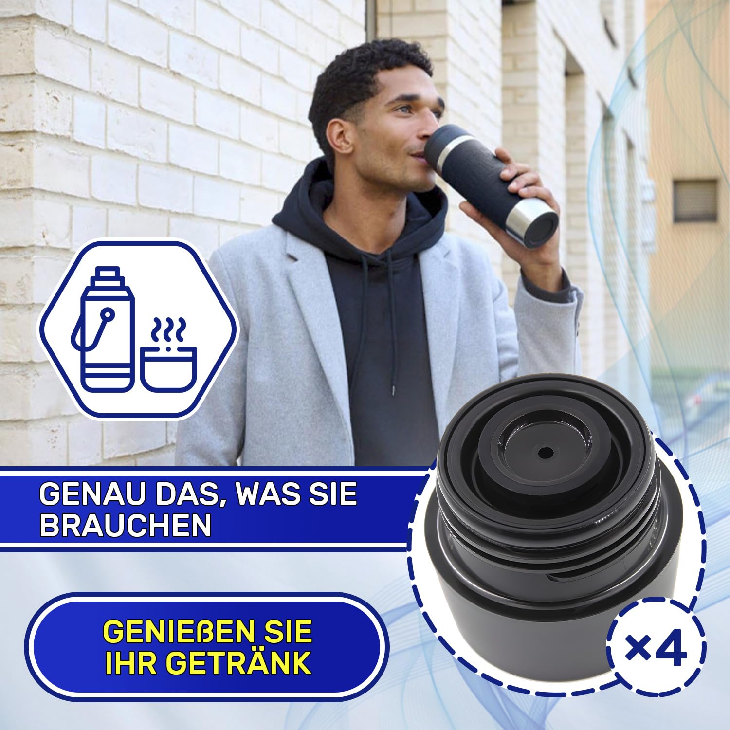 MONTERAL 4 Stück Deckel Thermobecher Edelstahl mit Originalcode SS-513857 für Emsa für Tefal Travel Mug 0.36 Liter und 0.5 Liter - Garantie 10 Jahre
