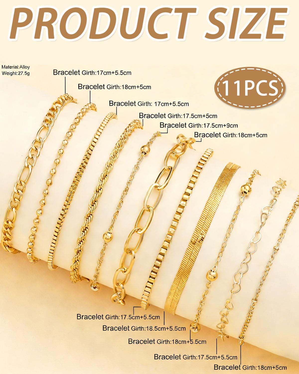 11pcs Delicado brazalete para mujer, Pulsera Mujer Acero Inoxidable Pulseras en Oro de Cadena de Serpiente Pulsera Ajustable Apilables Pulseras para Mujer, Simple y Filigrana, Oro — view 2