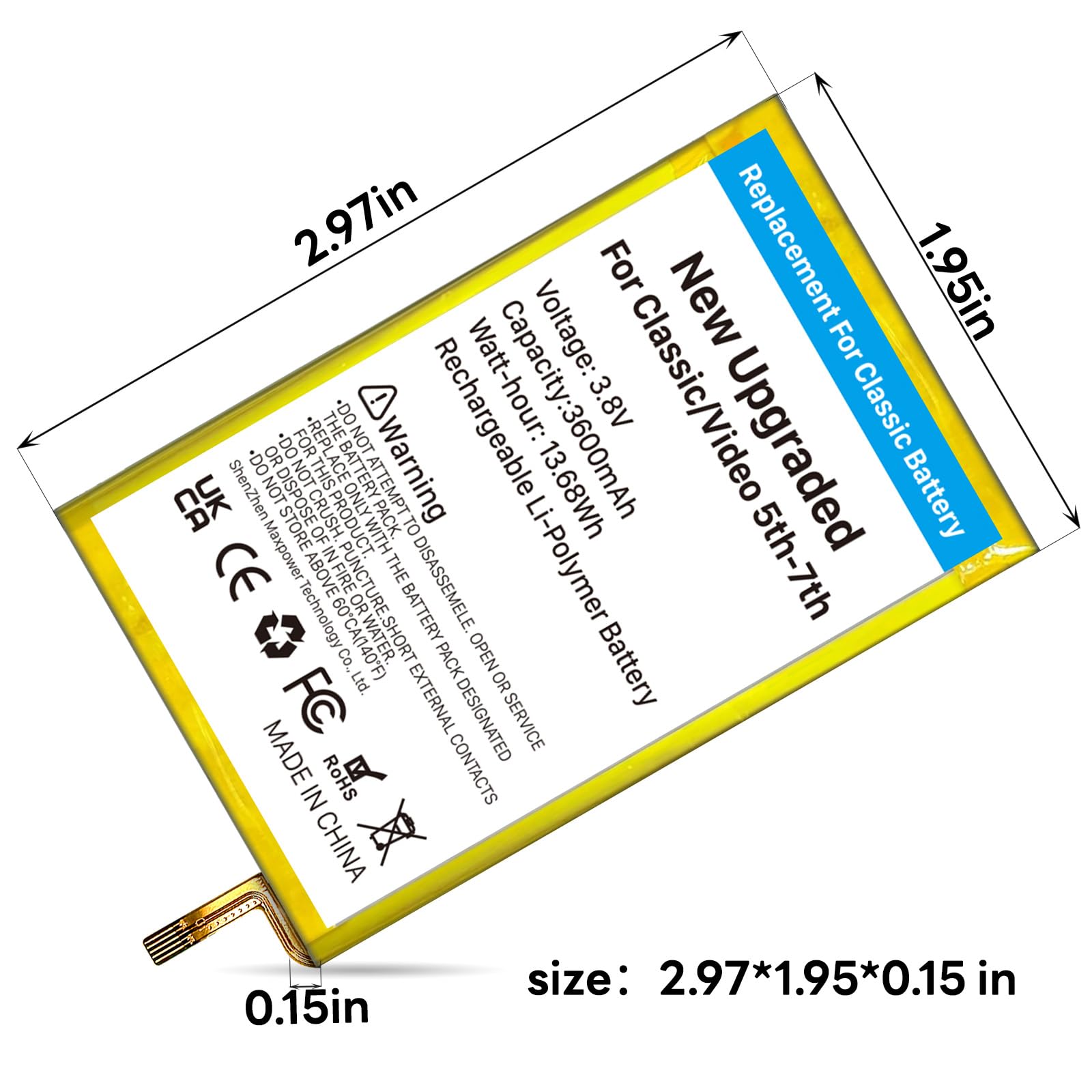Sostituzione della batteria per iPod Classic/Video (2026, nuovo aggiornamento) - Batteria ai polimeri di litio ad altissima capacità (3600 mAh), compatibile con iPod Classic/Video di 5a 7a generazione