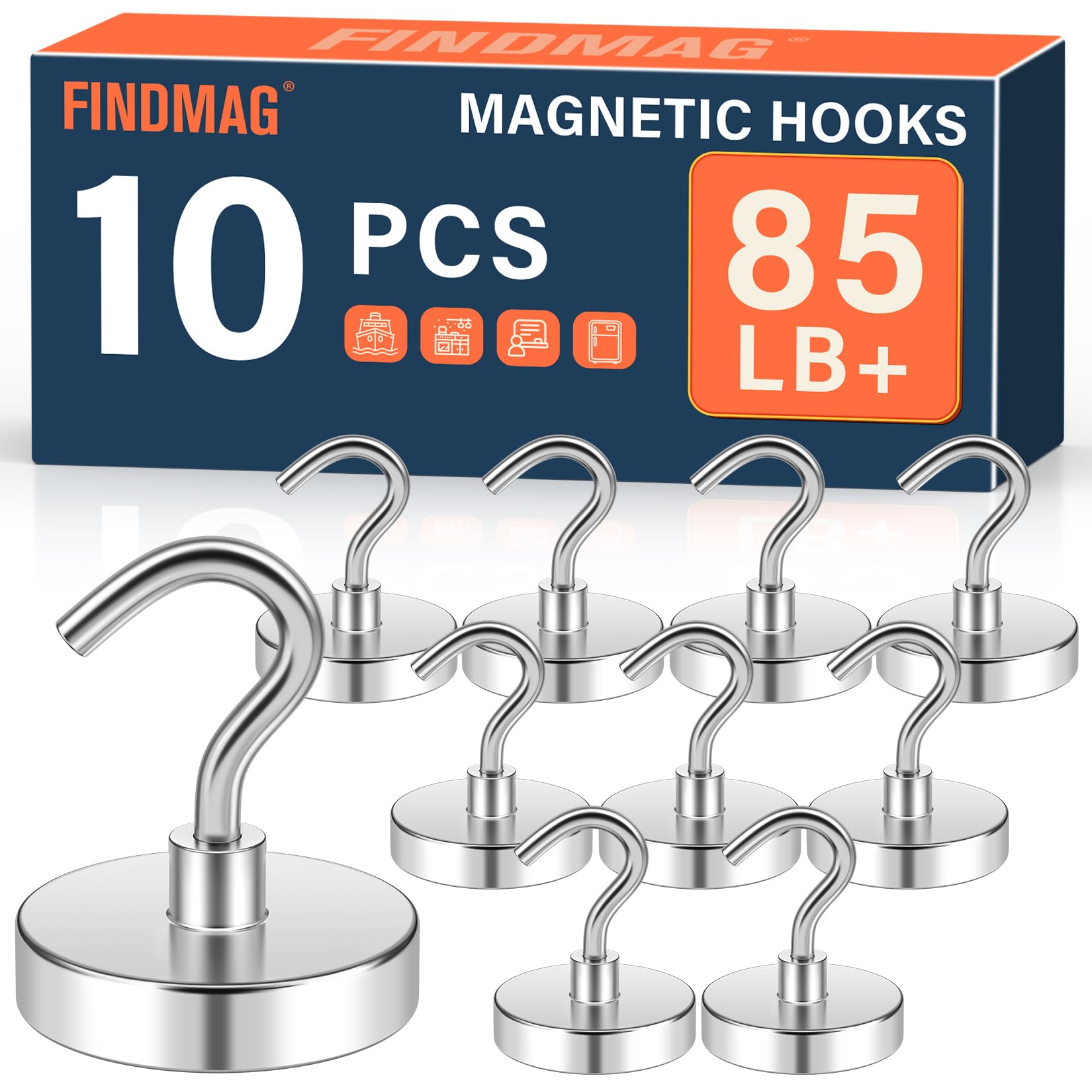 FINDMAG Strong Magnetic Hooks, 85LB+ Magnets with Hooks, 10 Pack, Silver