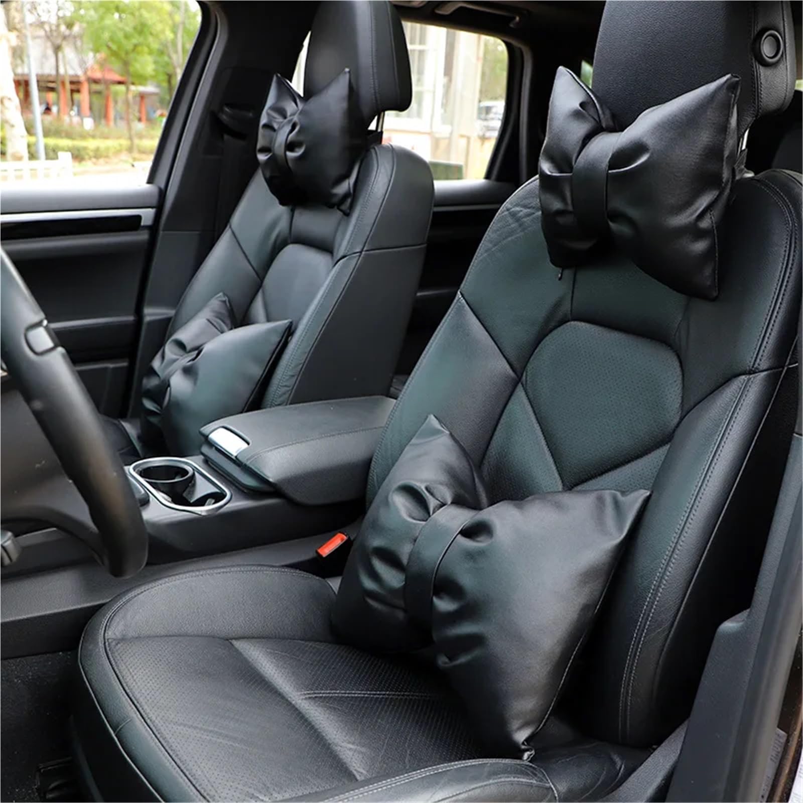 Car Pillow Driving Seat Cuscino poggiatesta in pelle per auto, cuscino per la vita, grazioso cuscino per lo schienale con fiocco, comodo cuscino per il collo(E)