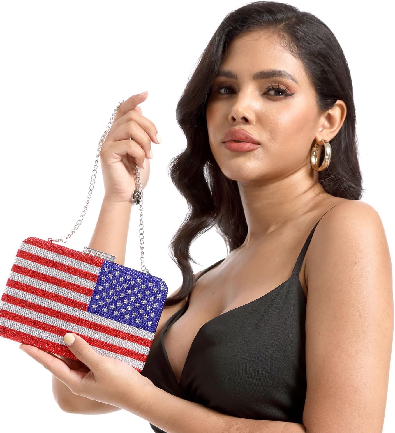 Boutique De FGG The American National Flag Crystal Clutch Purse for Women Evening Bags Party Chain Shoulder Handbags,Mini - Image 2