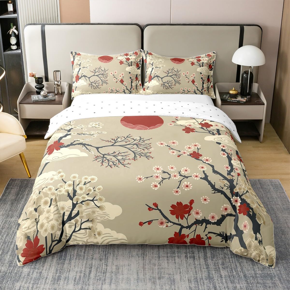 Homemissing Japanischer Stil 100% Baumwolle Bettwäsche Set 135x200cm Japanisches Ukiyoe Thema Bettbezug Japanische Welle Betten Rote Sonne Bettwäsche-Set für Kinder Mädchen Jungs