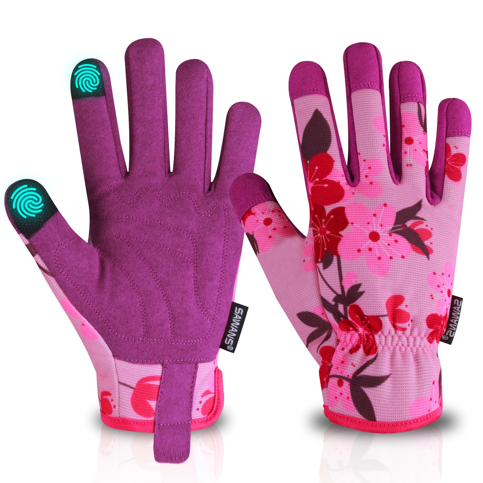 SAWANS Guanti da Giardinaggio per Donna, Uomo e Donna, Touch Screen, Guanti da Giardino per potatura di Rose, Traspiranti, Comodi, in Pelle, in Microfibra, Regali da (Rosa, L)