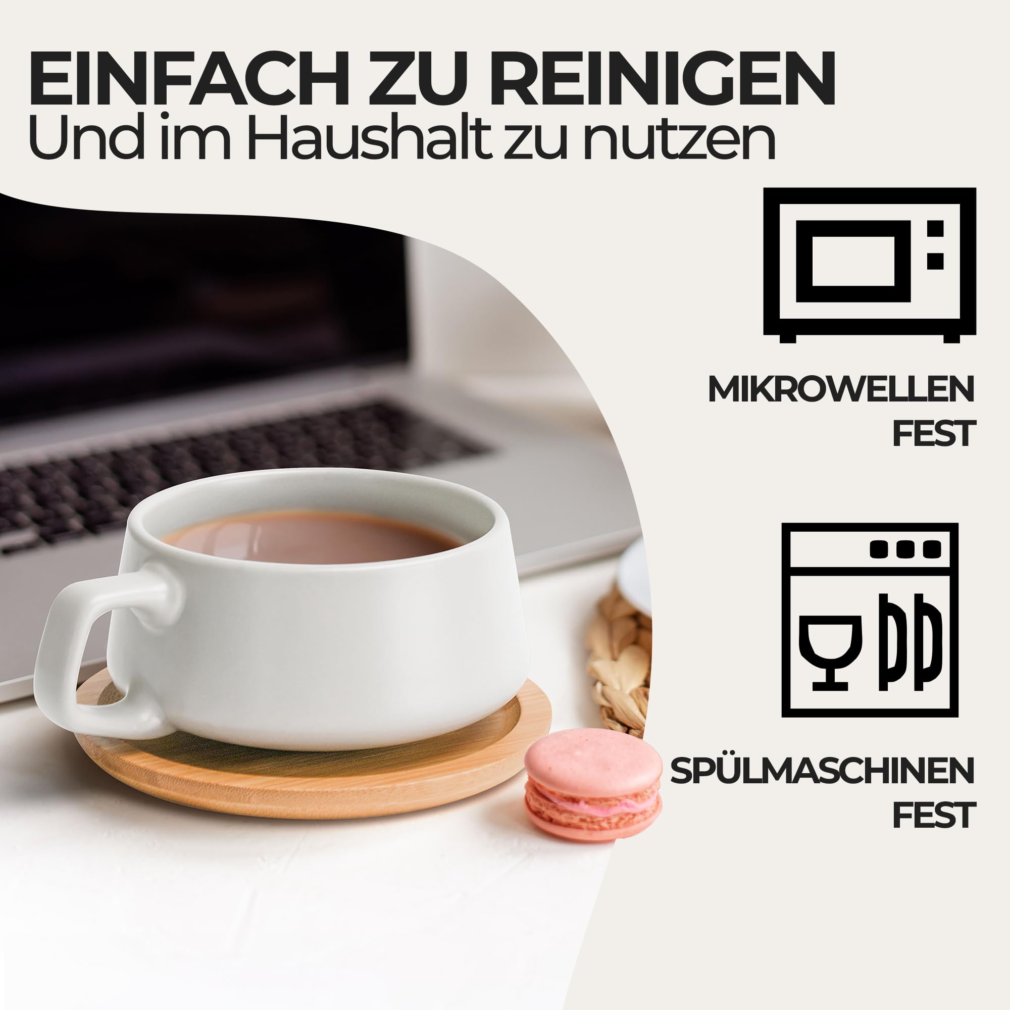 MIAMIO - 4 x 320 ml Kaffeetassen/Cappuccino Tassen mit Unterteller/elegant/modern/Kaffeebecher aus Steingut - Luxe Kollektion 4er Set (Cremeweiß)