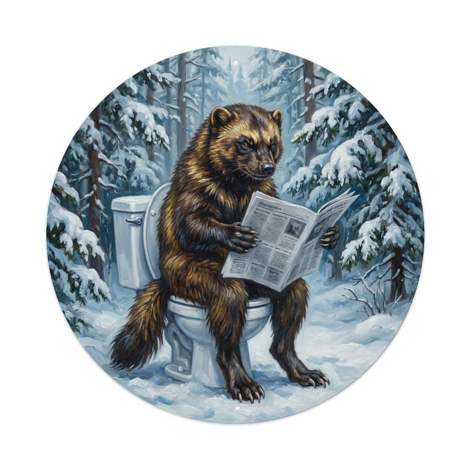 Wolverine On Toilet Humorous Bathroom Taiga Snow Reads Metal Tin Sign