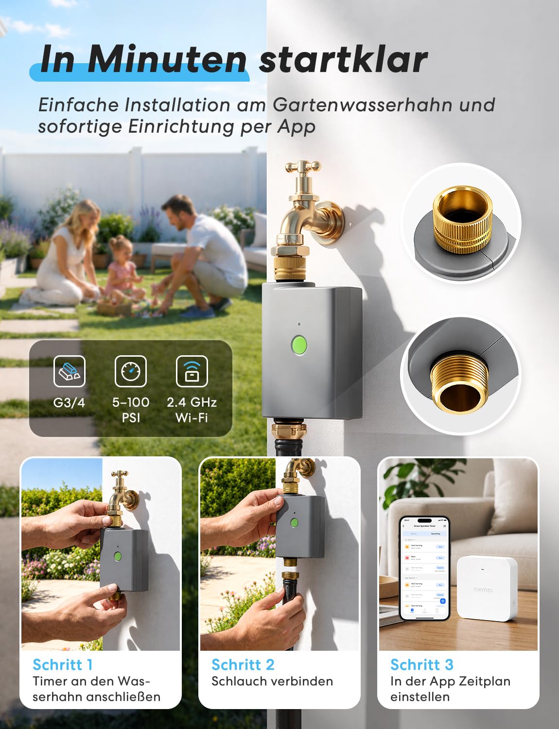 meross Bewässerungscomputer WLAN mit Smart Hub, Bewässerungstimer Garten, App- und Sprachsteuerung, Regenpause, Wasserverbrauchsanzeige, Messinganschlüsse, IP65, Alexa, Google & Apple Home, Grau