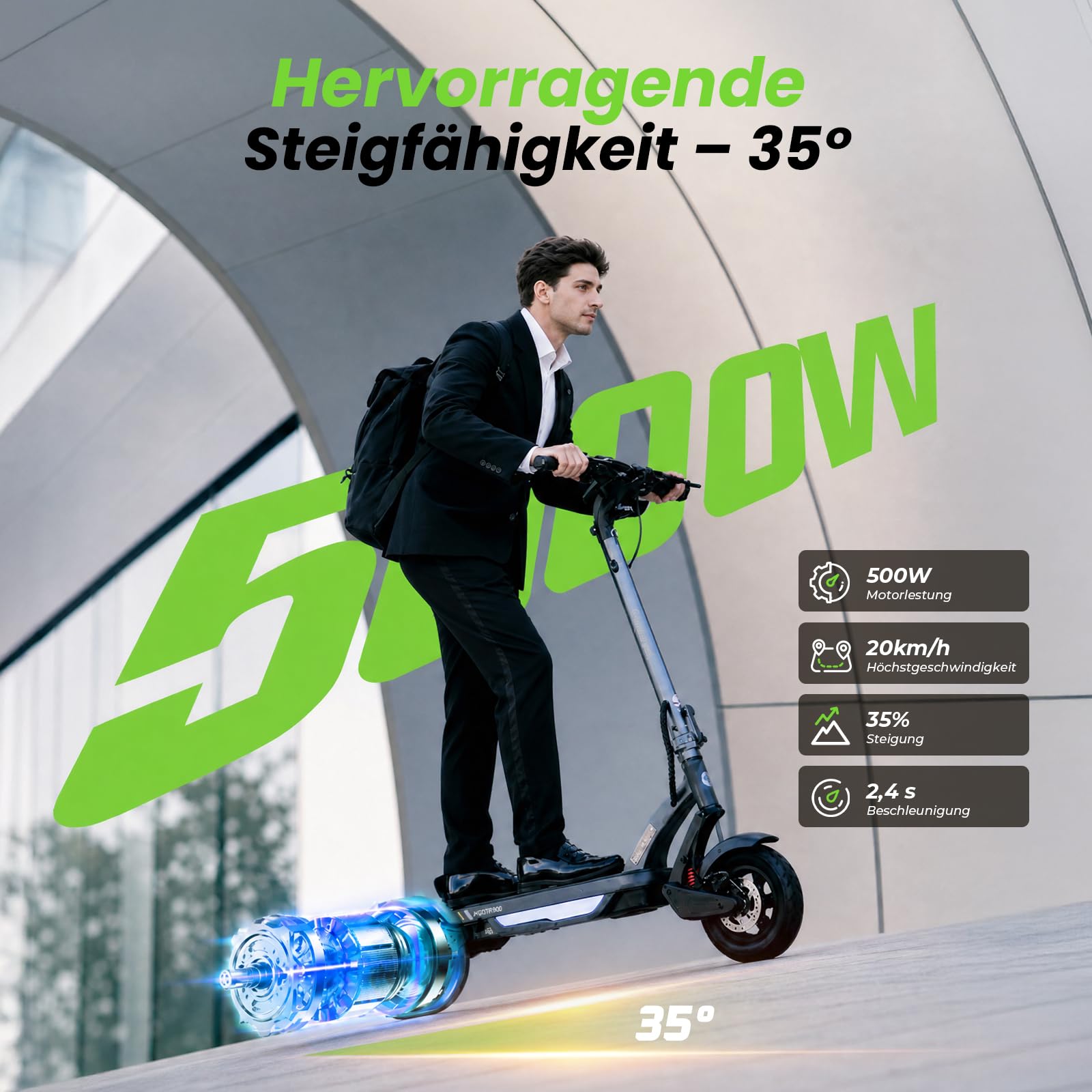 isinwheel S-Nova Pro E Scooter mit Straßenzulassung, Bis 70km Reichweite 500W Motor, Federung & Luftreifen für maximalen Fahrkomfort, Klappbar City E-Roller für Pendler
