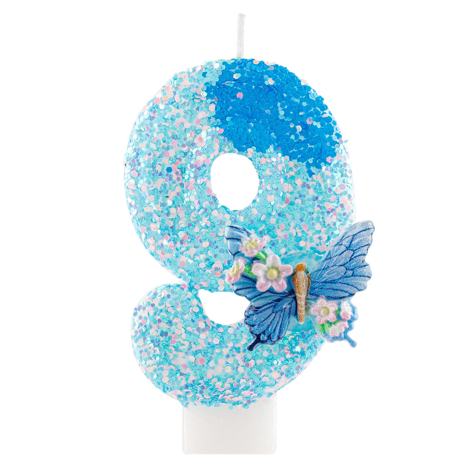Yiran Number 9 Birthday Candle, Blue Butterfly Glitter Candle for 9th Birthday Cake, Blue Pink Sequin Cake Topper, Perfect for Girls Birthday Party, Baby Shower, Anniversary Decorations