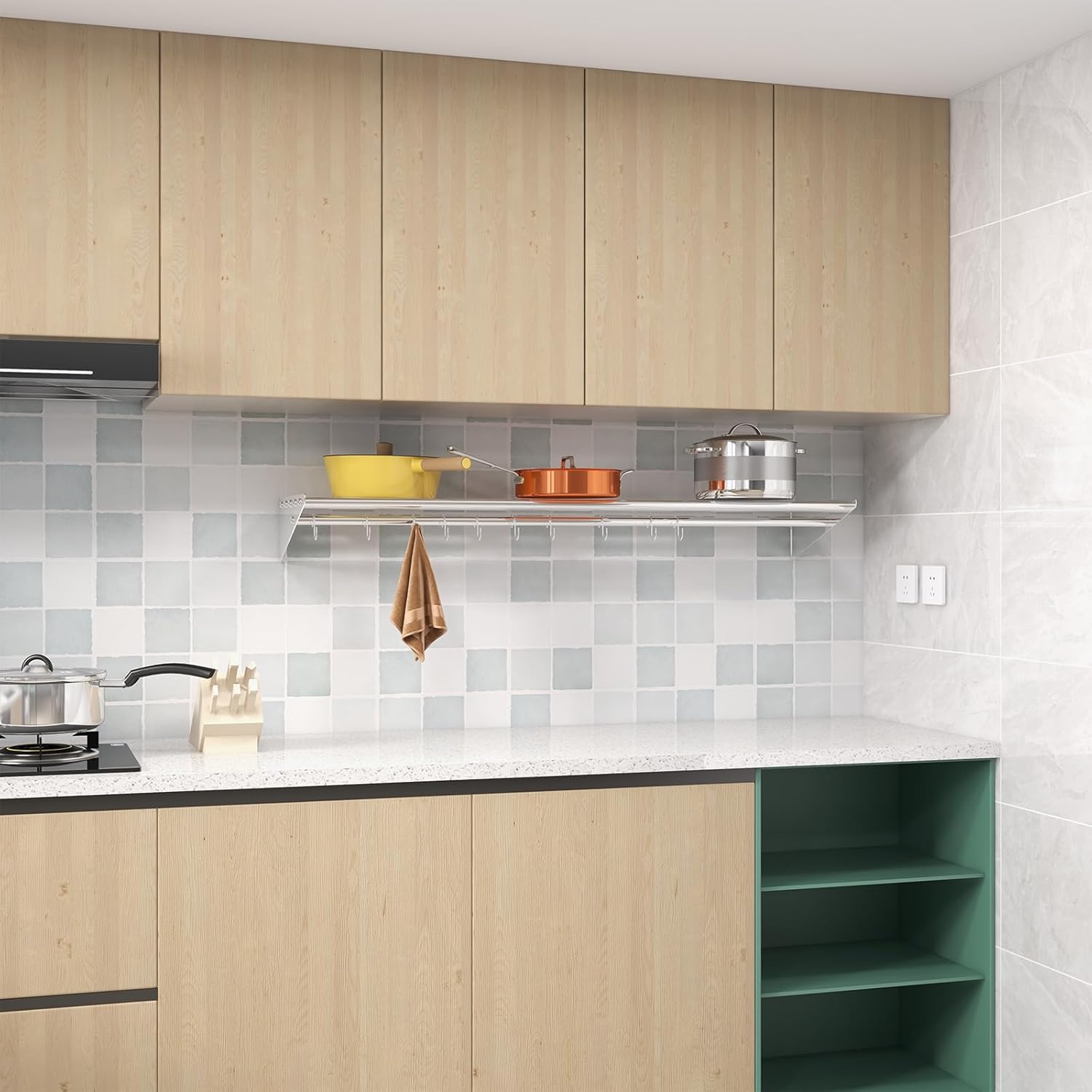 Metal Pot Pan Rack, Wall Mounted Kitchen Shelf with Hooks, Hanging Utensils Holder, Heavy Duty Saucepan Shelving Organizer for Kitchen Bathroom Balcony Storage