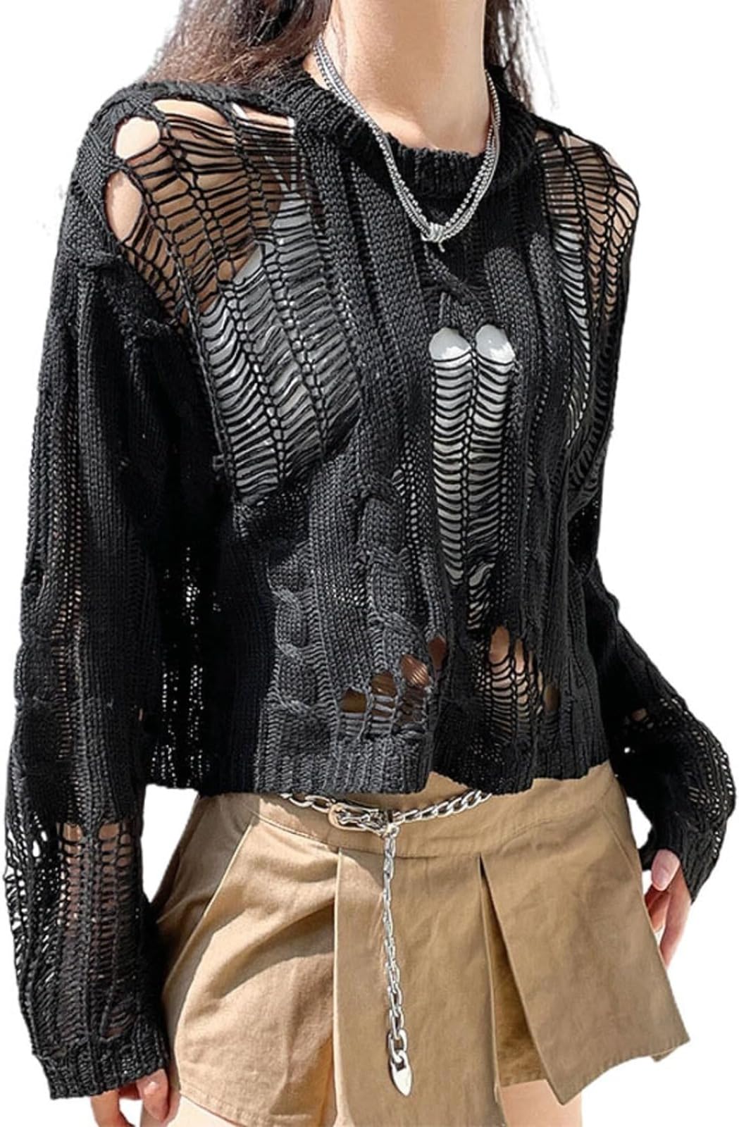LJYAUTO Women Y2K Gothic Crochet Cover Up Sexy Fishnet Hollow Out Jumper Top 2024 Asymmetrical Punk Long Sleeve T Shirts (L,Ripped Black)