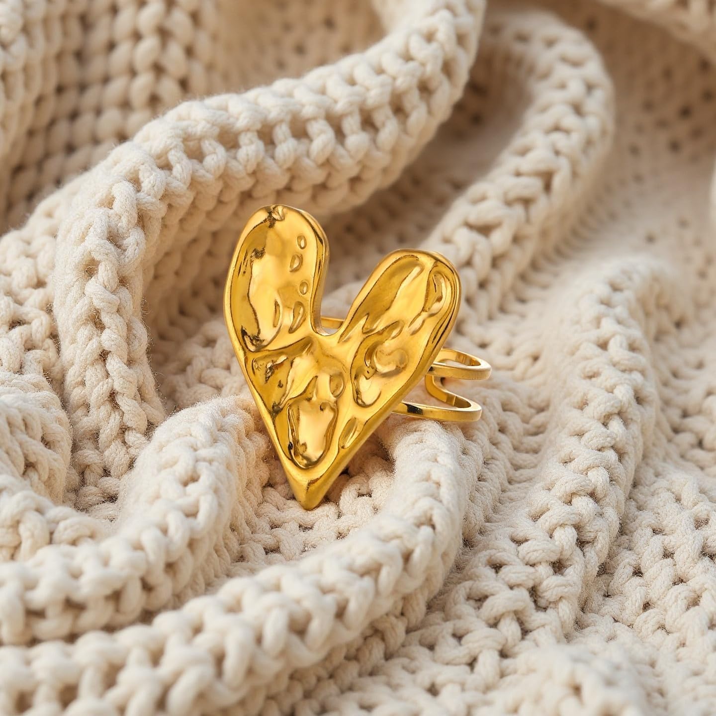 Vintage Gold Heart Adjustable Stainless Steel Open Ring | Exaggerated Trendy Love Hammered Statement, Double Band, Change Mood, Unique Gothic Jewelry