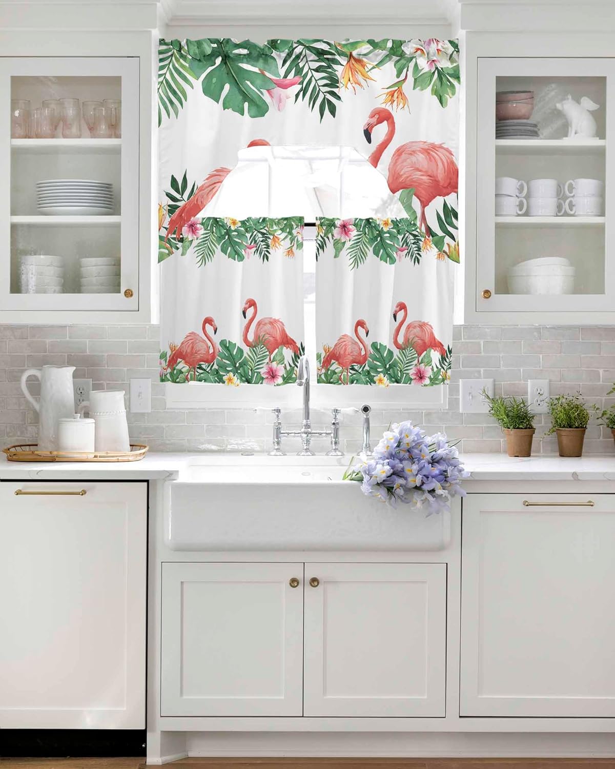 Tropical Kitchen Curtains Swag Valance and Tier Curtains Set 24 Inch Length, Rod Pocket Drape Panels Pair Swag Curtains for Bathroom/Cafe/Window Summer Flamingos Palm Tree Leaves Green Plants