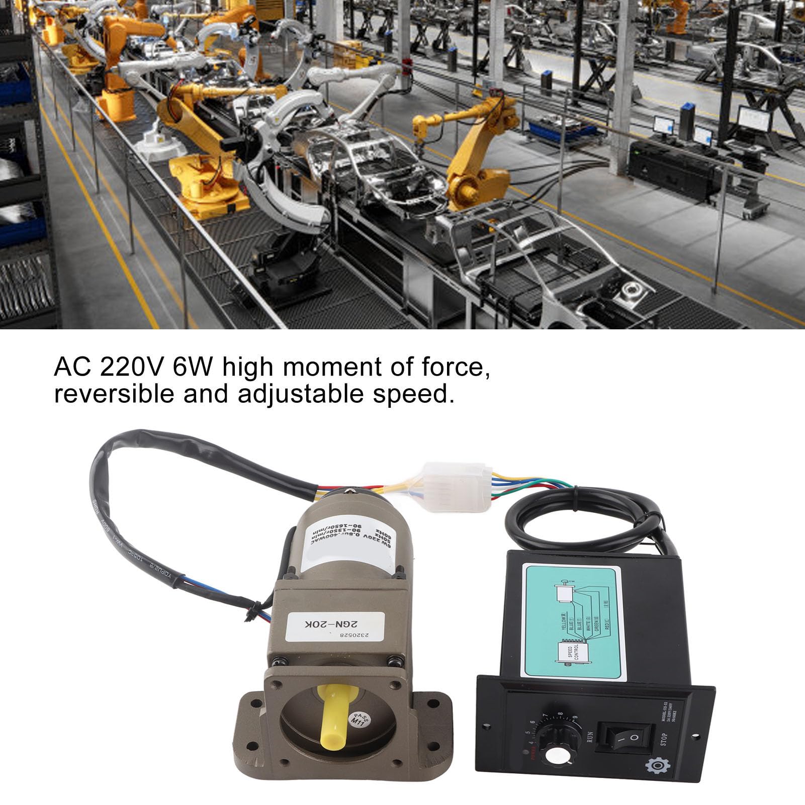 Silnik Asynchroniczny Jednofazowy z Przekładnią, 6W, 220V AC, Regulacja Prędkości 90-1650 RPM, 20K, Model M206-402