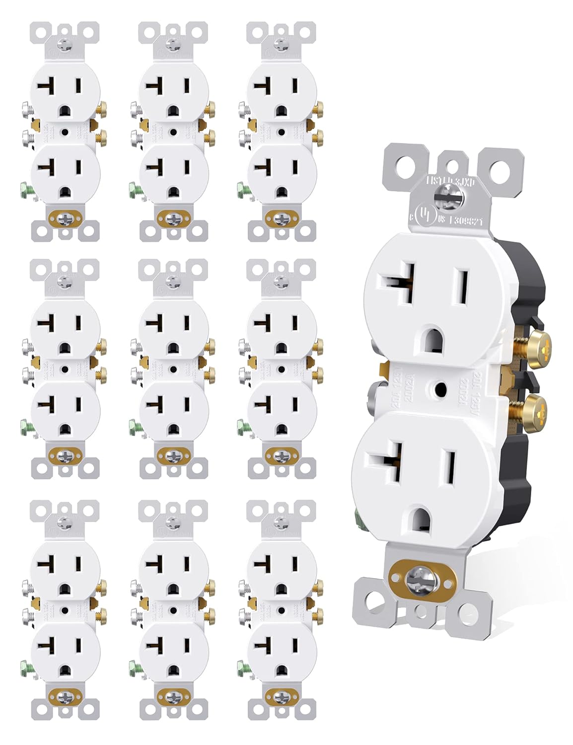 AIDA 20 Amps Outlets Duplex Electrical Receptacle Outlets, Electrical Outlet, 20Amp 125V Heavy-Duty Wall Outlet, Residential, 3-Wire, Self-Grounding, UL Listed, Side Wire (10 Pack, White)