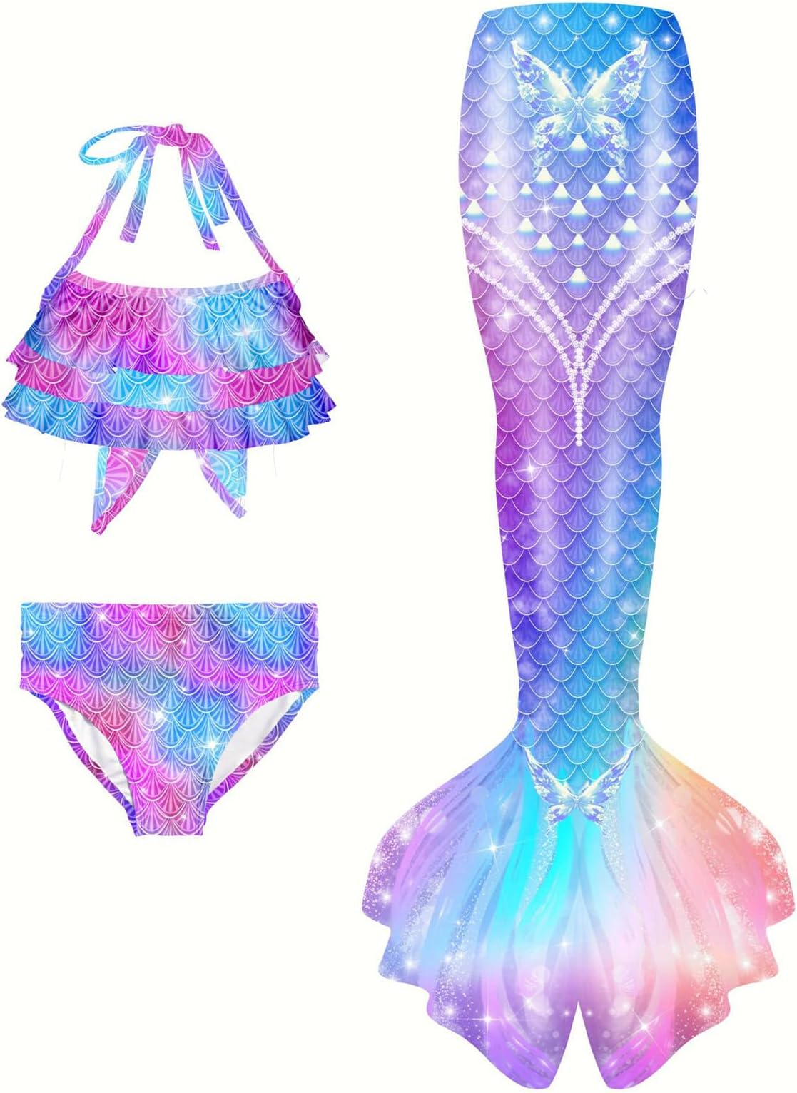 3Pcs 𝙂‭i‭r‭l‭s Sw‭imsuit 𝙈‭e‭r‭m‭a‭i‭d 𝙏‭a‭i‭l for Swimming Gradient Bikini Bathing Suit Set Cosplay Clothing Set