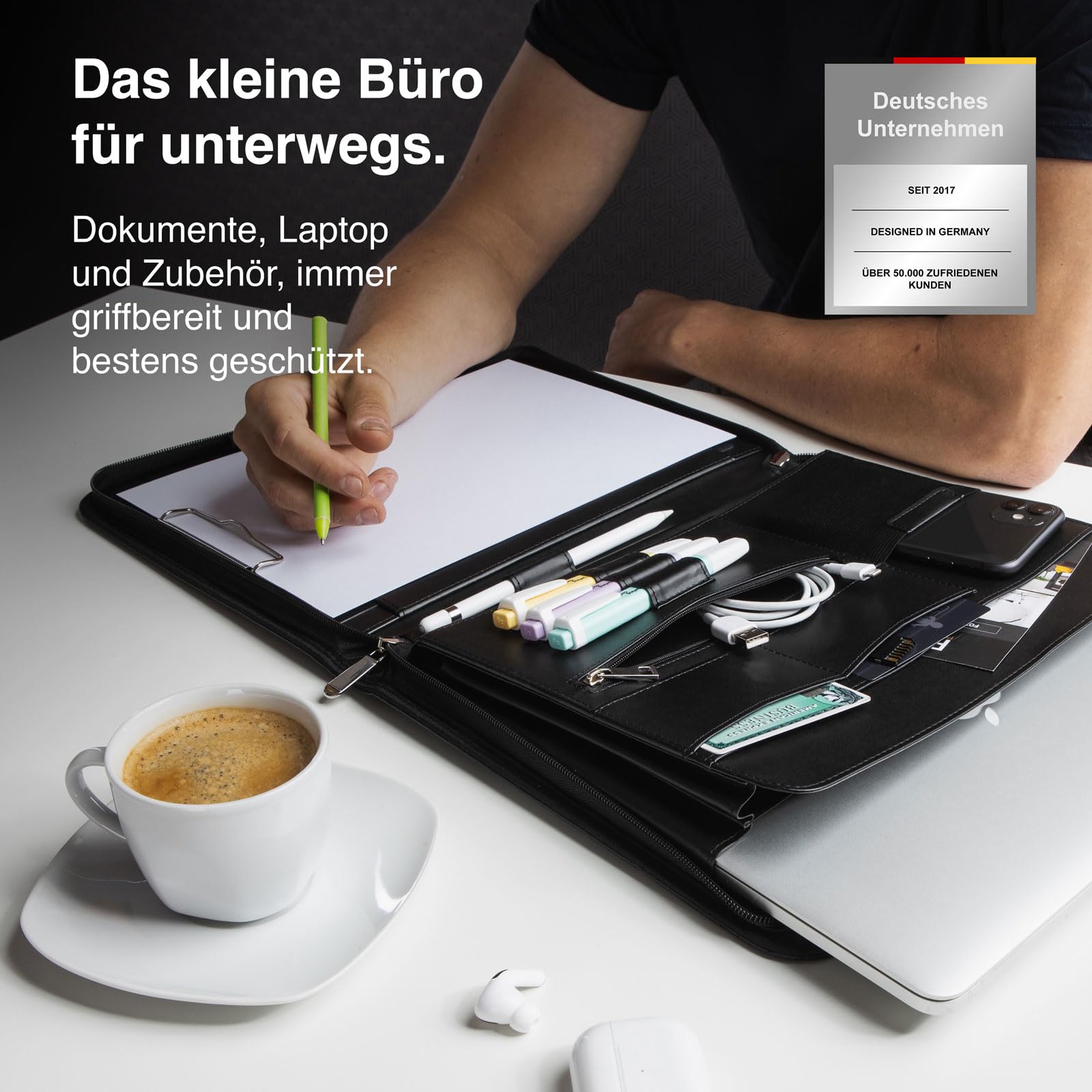Vebon® Schreibmappe A4 groß Rom I Doppel Reißverschluss + Klemmbrett I Konferenzmappe + Laptoptasche I extra Stauraum I Schwarz Kunstleder (Saphirblau)