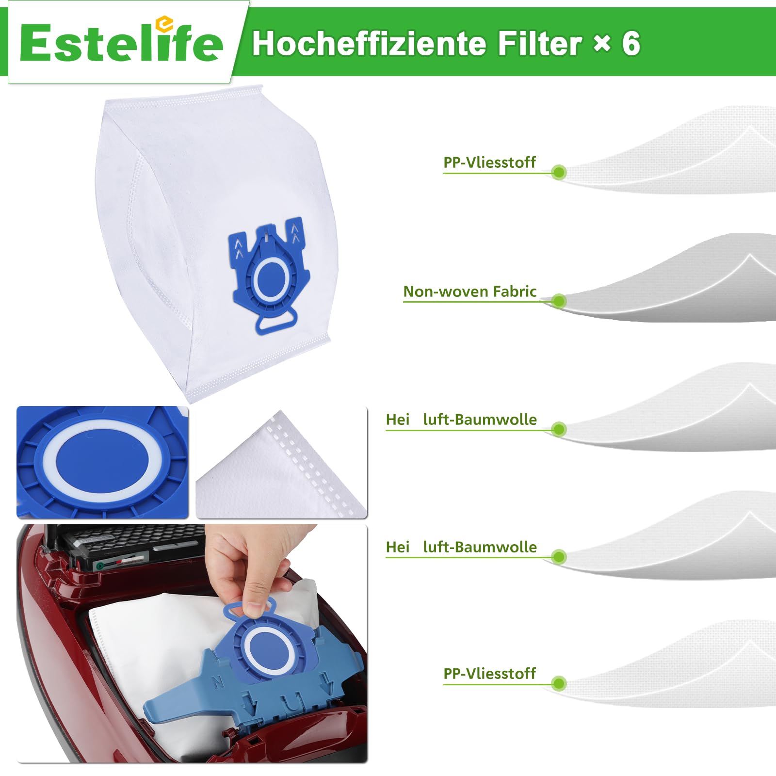 Filtro per Miele aspirapolvere Active Airclean Plus 50 Compact C1&C2, Complete C2&C3, S8340 S4000 S5000 S6000 S8000, 6 sacchetti GN + 3 filtri HEPA+6 microfiltri, filtro aspirapolvere per Miele serie