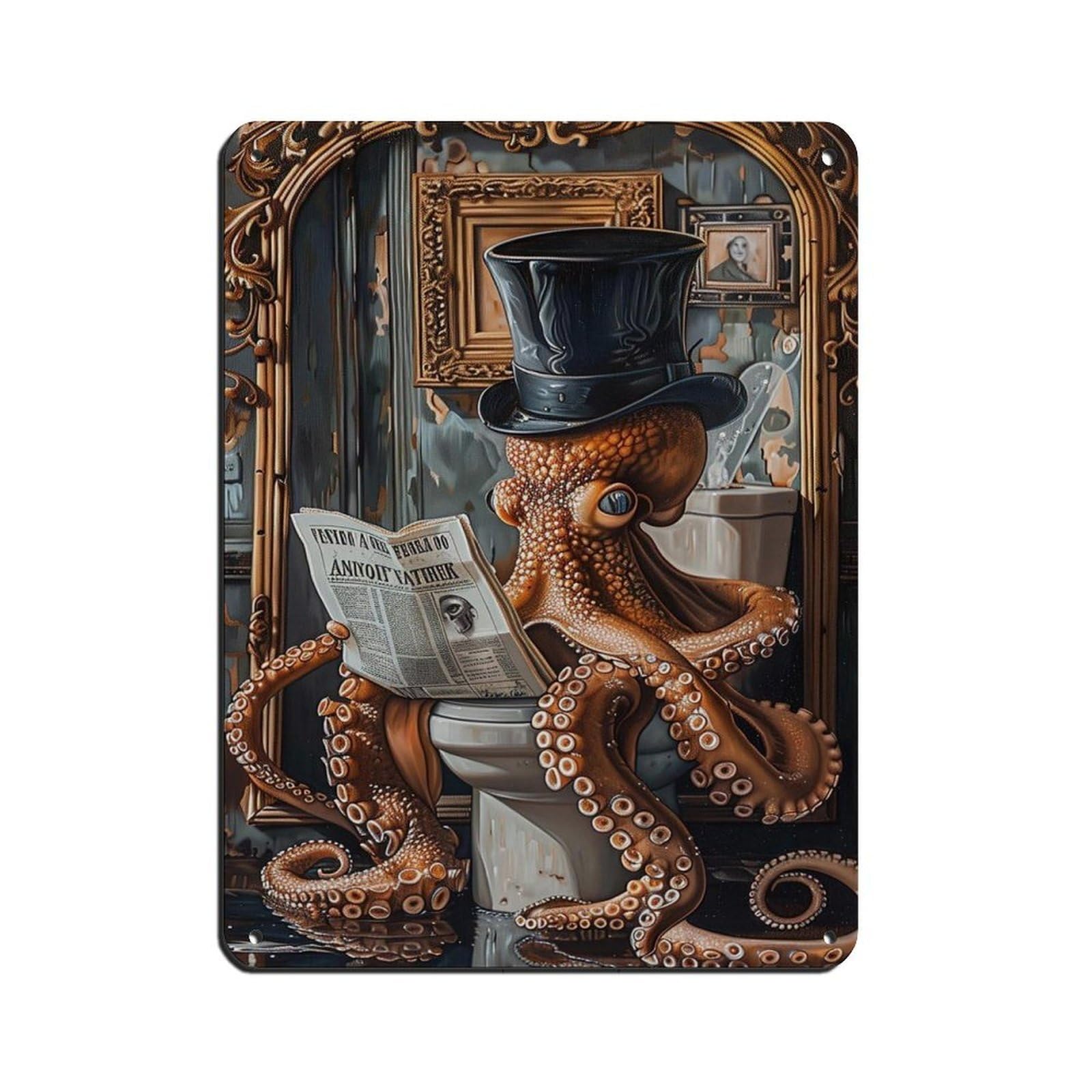 Vintage Octopus On Toilet Poster Tin Sign Vintage Metal Pub Club Cafe Bar Home Wall Art Decoration Poster Retro 12x16inch(30x40cm)