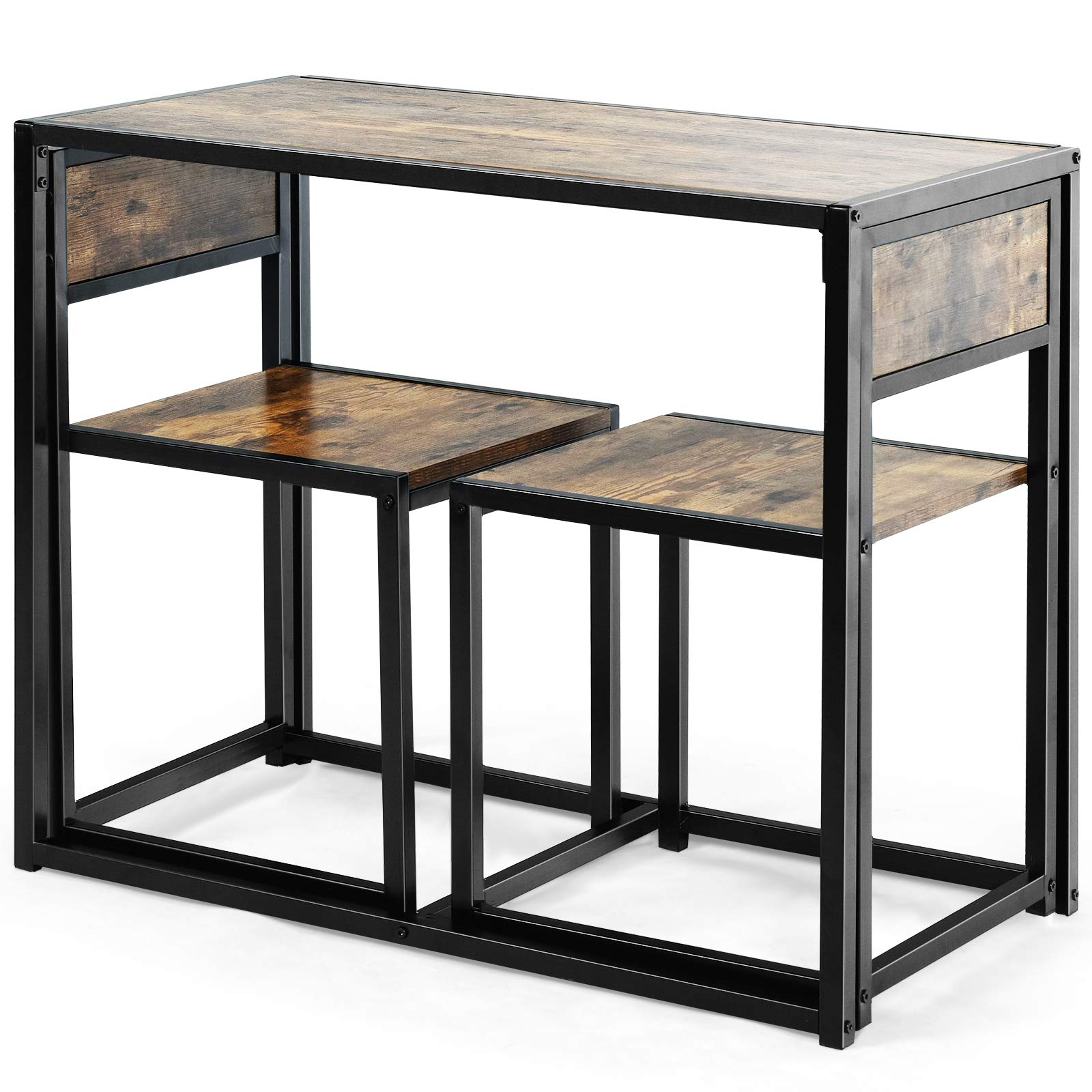 LIFEZEAL Set di da Pranzo, 1 Tavolo da Pranzo Rettangolare e 2 Sedie da Pranzo con Schienale Ergonomico, Telaio in Metallo, per Sala da Pranzo, Cucina, Ristorante, Salvaspazio, Marrone
