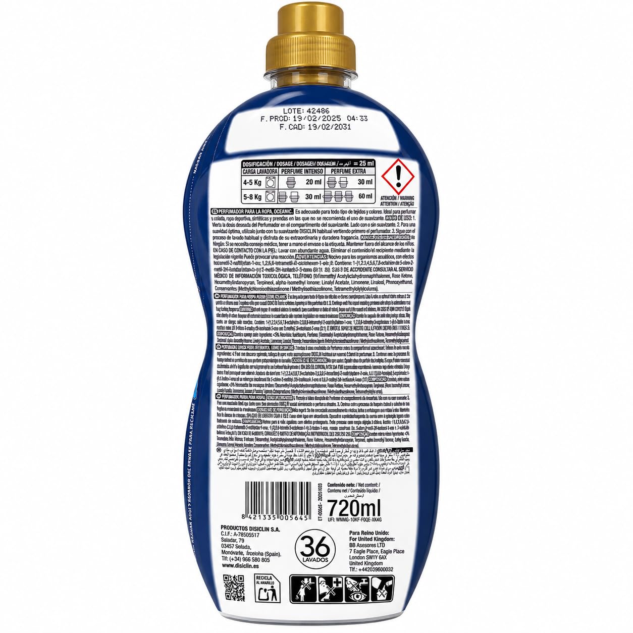 Disclin | Perfumador para la Ropa Oceanic 720 ml | Pack de 12 Unidades | Aditivo Líquido para Lavadora | Intensificador de Fragancia con Microperlas | Aroma Fresco y Duradero | RASMACOR