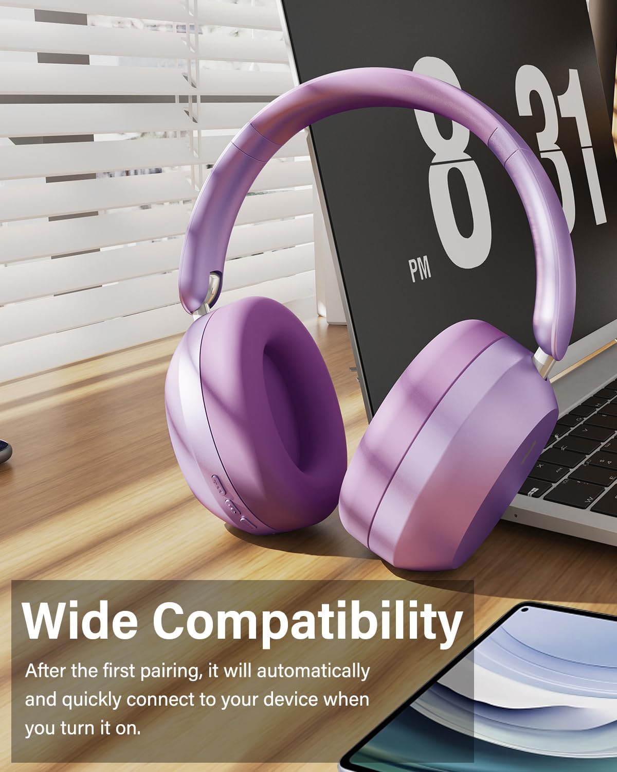 Wentronic Y05 Over-Ear Headphones – Hi-Res Sound, Active Noise Cancelling, Wireless Bluetooth 5.3, 48H Playtime, Premium Audio Comfort for Android, iOS & PC – Purple - Image 5