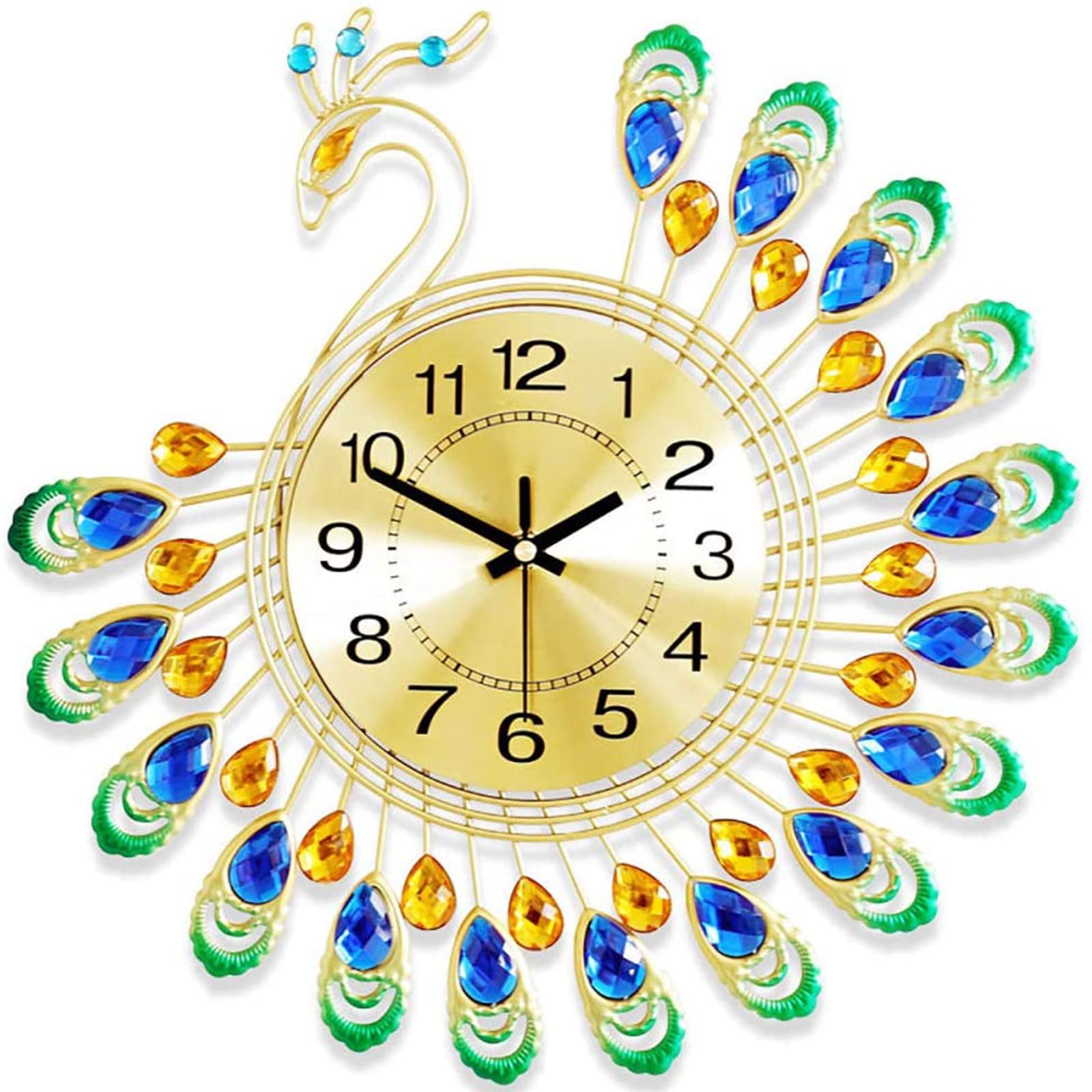 Beauenty Luxury Large Wall Clock Silent Metal Dial 3D Diamonds Peacock Clocks Gold Decortion Home Living Room Bedroom Perfect for House Warming Gift 15 Inch (15IN)