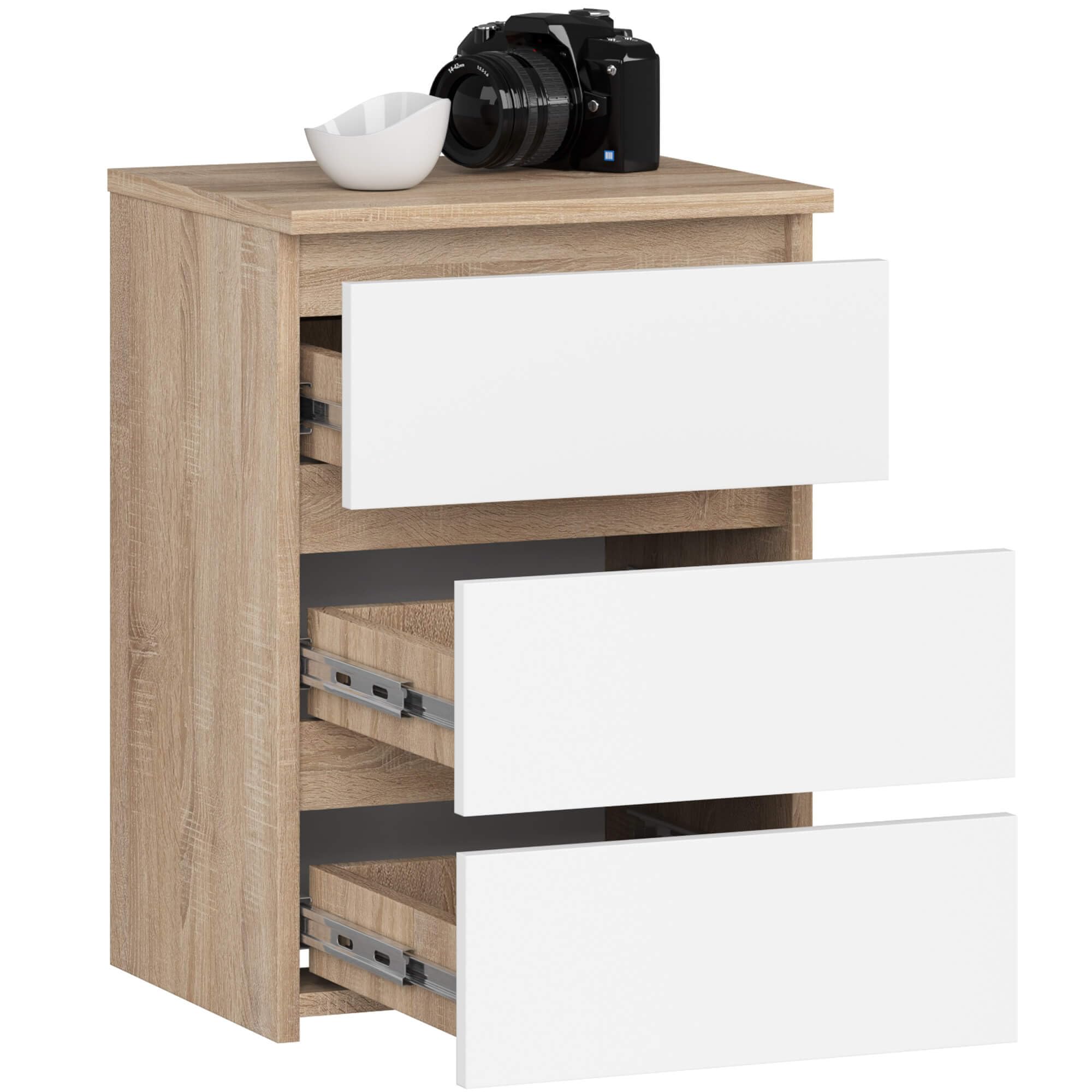 AKORD | Mesita de Noche CL-3 con 3 cajones | Sala de Estar, Dormitorio, Armario, Oficina y Estudio | Diseño Moderno y Funcional | 35 x 40 x 57 cm, 26 kg | Roble Sonona | Blanco