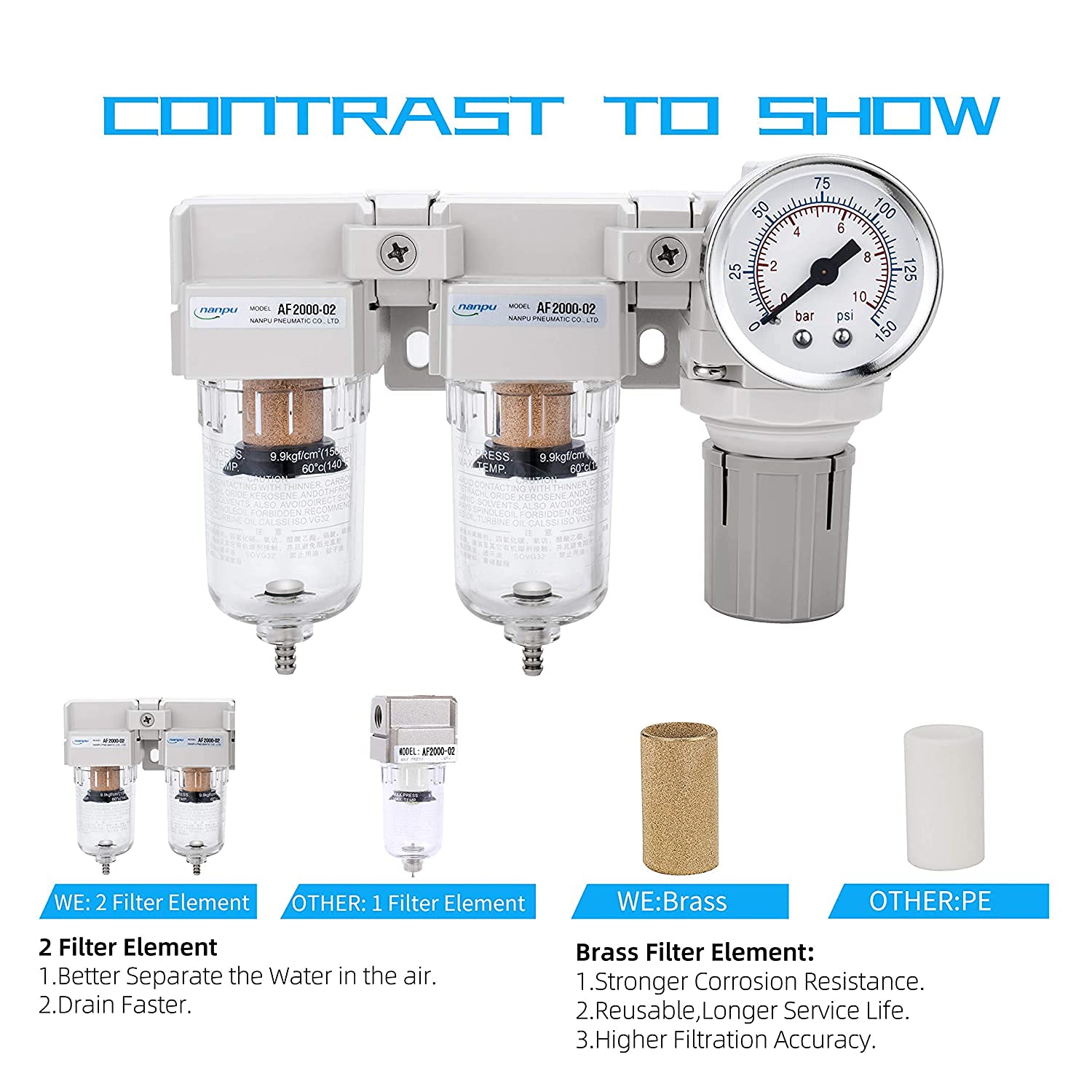 NANPU 1/4" NPT Air Drying System - Double Air Filters, Air Pressure Regulator Combo - Semi-Auto Drain, Poly Bowl - Image 5