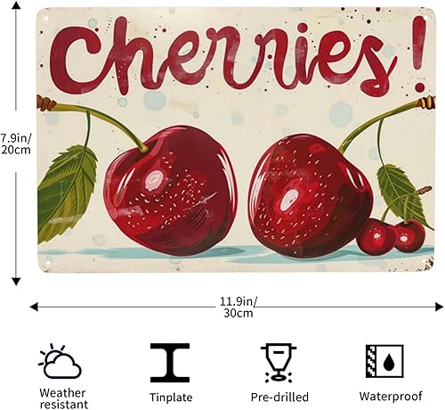 Miniatura 3 de Letreros metálicos de cerezas rojas, letrero de hojalata clásico, arte de pared para decoración acogedora, para sala de estar, cafetería, bar,