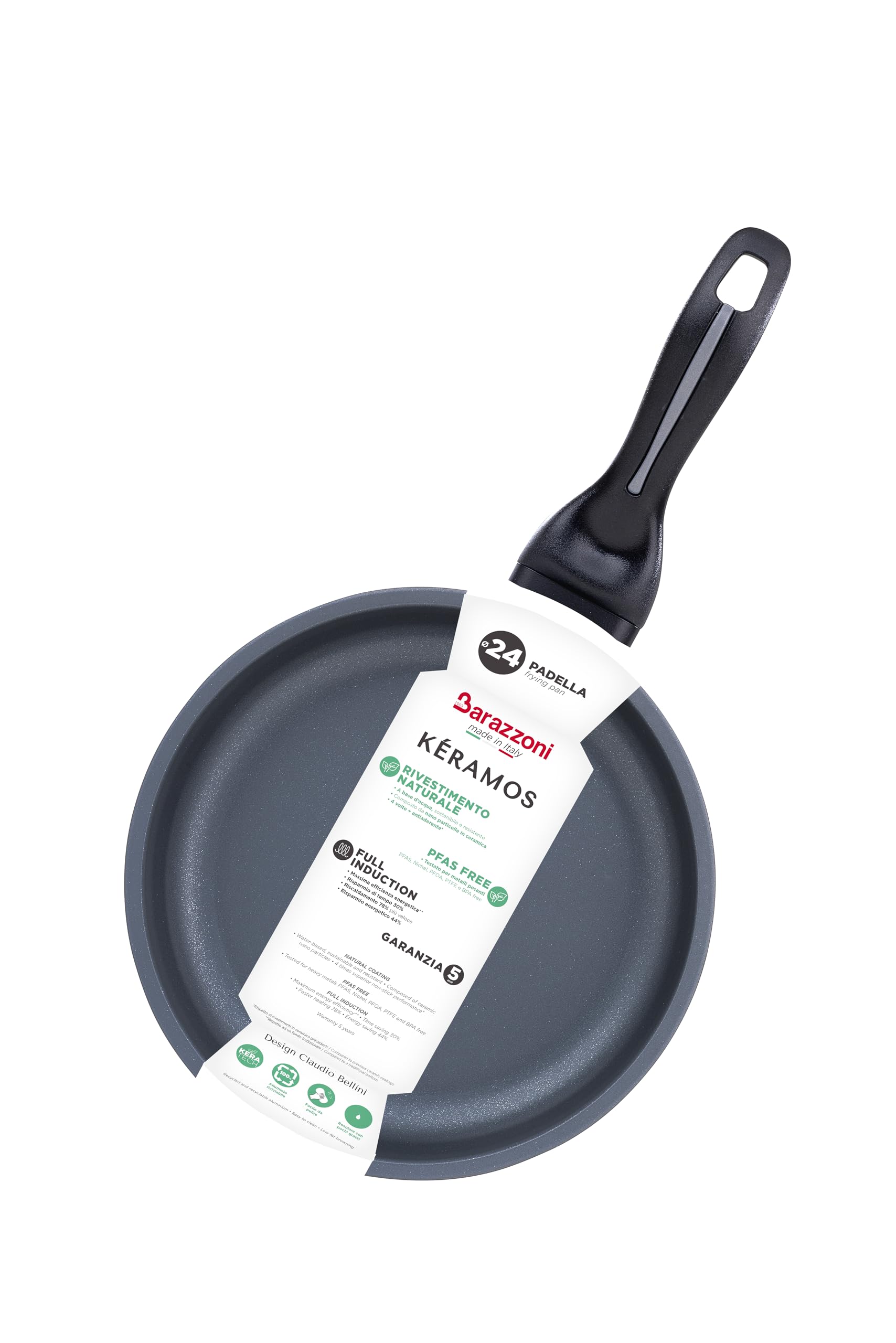 Barazzoni Padella ø24cm, Rivestimento in ceramica, Made in Italy, Induzione+Gas con disco Full Induction, PFAS free, Linea Kéramos