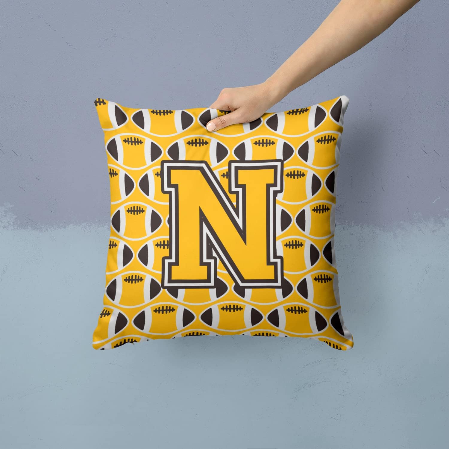 Caroline's Treasures CJ1080-NPW1414 Letter N Football Black, Old Gold and White Fabric Decorative Pillow 100% Machine Washable Pillow, Indoor or Outdoor Decorative Throw Pillow for Couch, Bed or Patio