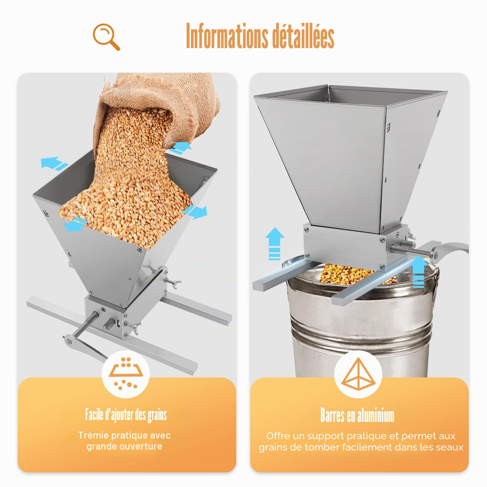 Moulin à céréales professionnel avec puissance de broyage réglable, presse-céréales et moulin à malt pour blé, maïs et aliments pour animaux, broyeur à grains robuste pour la maison, la brasserie et