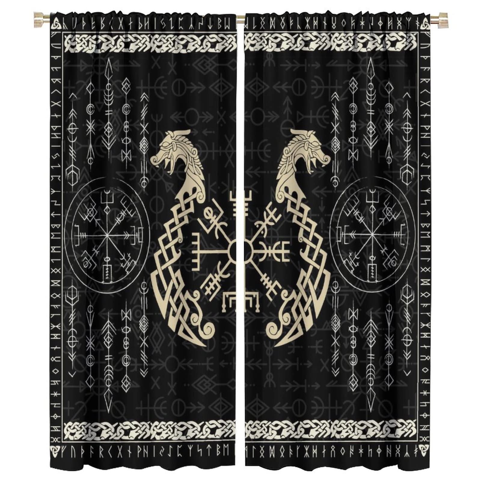 INSFBRB Norse Vikings Blackout Curtains for Bedroom,Abstract Dragon Retro Mystical Symbol Compass Window Drapes - Thermal Insulated and Noise