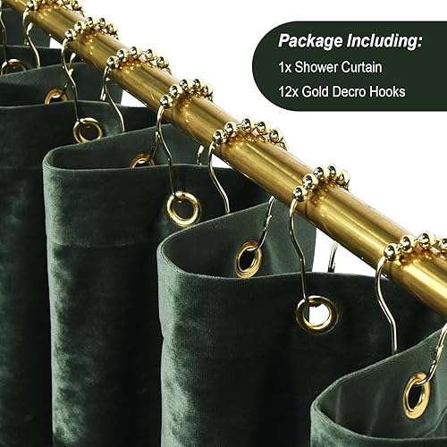 Miniatura 3 de TAMGHO Cortina de ducha de terciopelo triturado, cortina de ducha de lujo verde oscuro con ganchos de metal dorado Decro, lavable a máquina, cortina